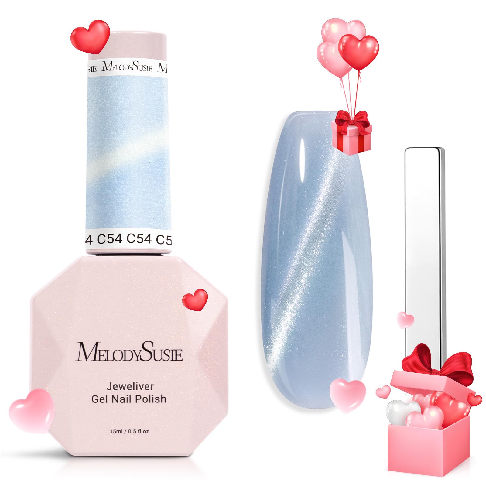 Melodysusie Jeweliver Cat Eye Gel Nail Polish, 0.5 Fl Oz Light Blue Glitter Holographic Magnetic Nail Polish With Magnet, Uv Nai