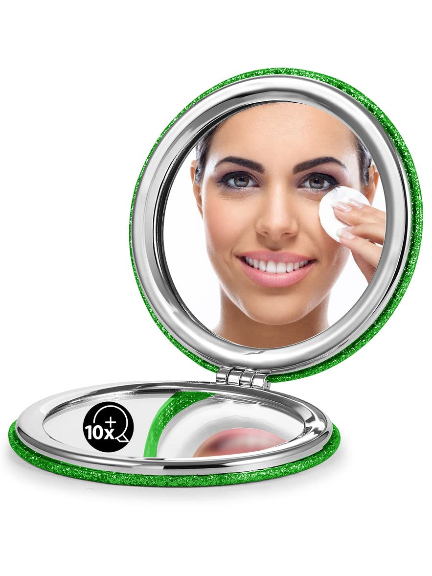 Omiro 1X/10X(300R) Magnifying Compact Mirror With Pu Leather, Ultra-Portable For Purses And Travel, Round Green