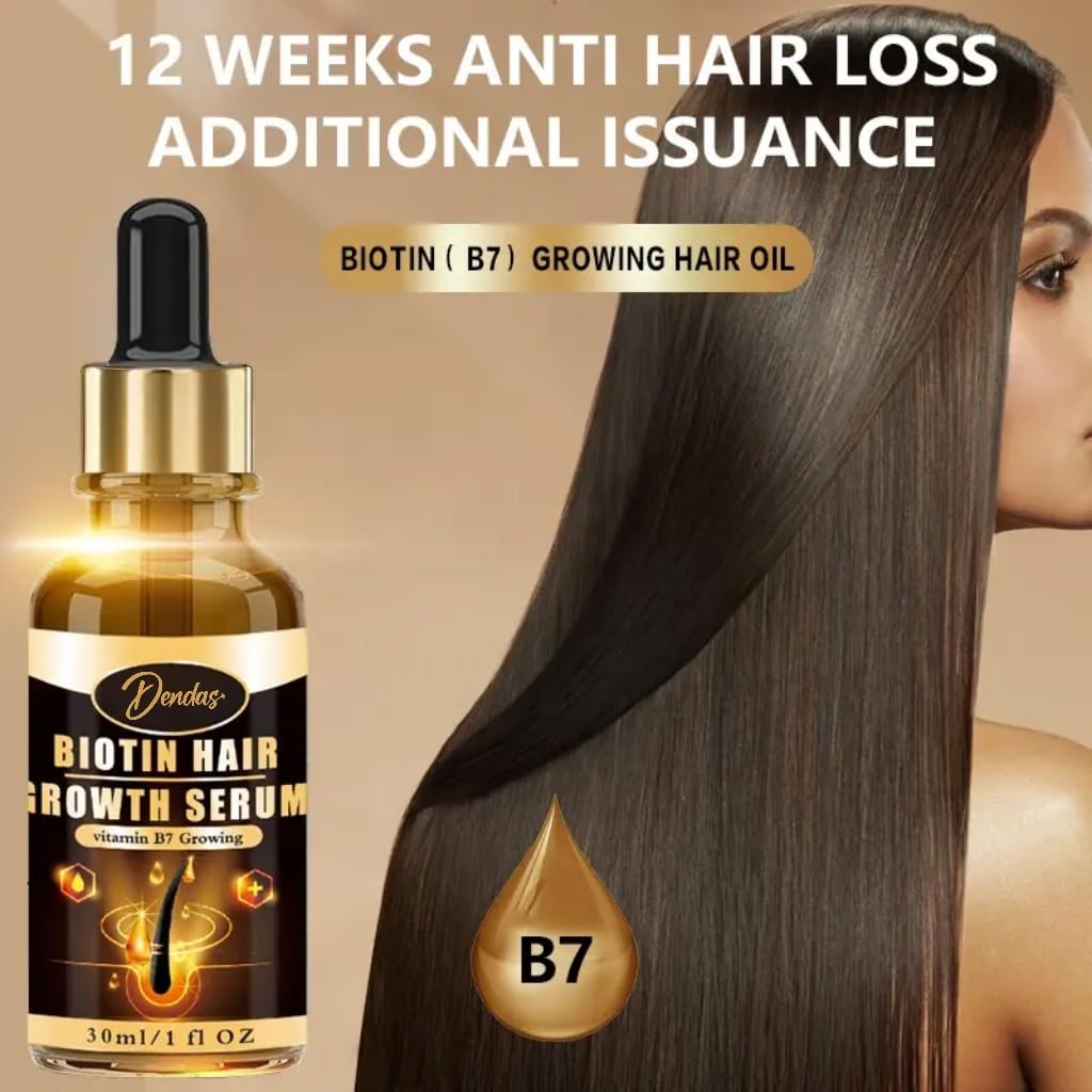 Dendas Biotin Hair Growth Serum - Anti-Hair Loss Essential Oil Treatment, Prevents Thinning, Repairs Dry & Frizzy Hair, Promotes