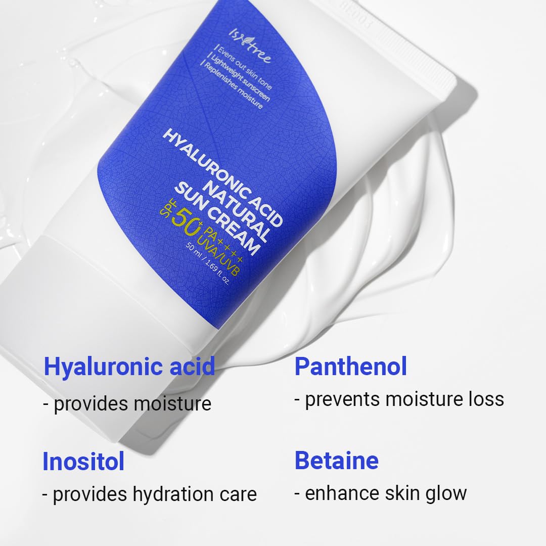 ISNTREE Hyaluronic Acid Natural Suncream SPF50 PA++++ 50ml, 1.69 fl.oz | Evens out skin tone | Lightweight sunscreen | Replenish
