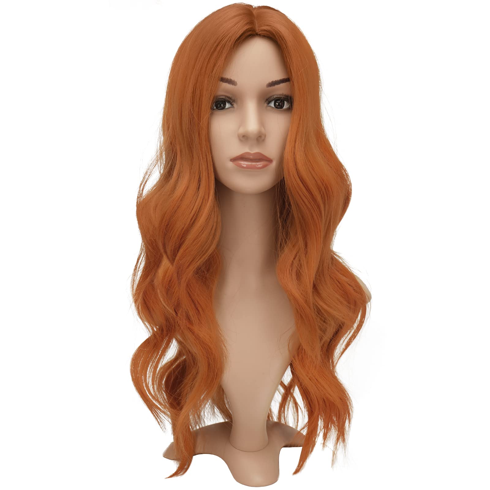 Feshfen Orange Wigs For Women 22 Inch Orange Long Wavy Full Wig Middle Parting Wigs Natural Looking Synthetic Wig For Daily Part