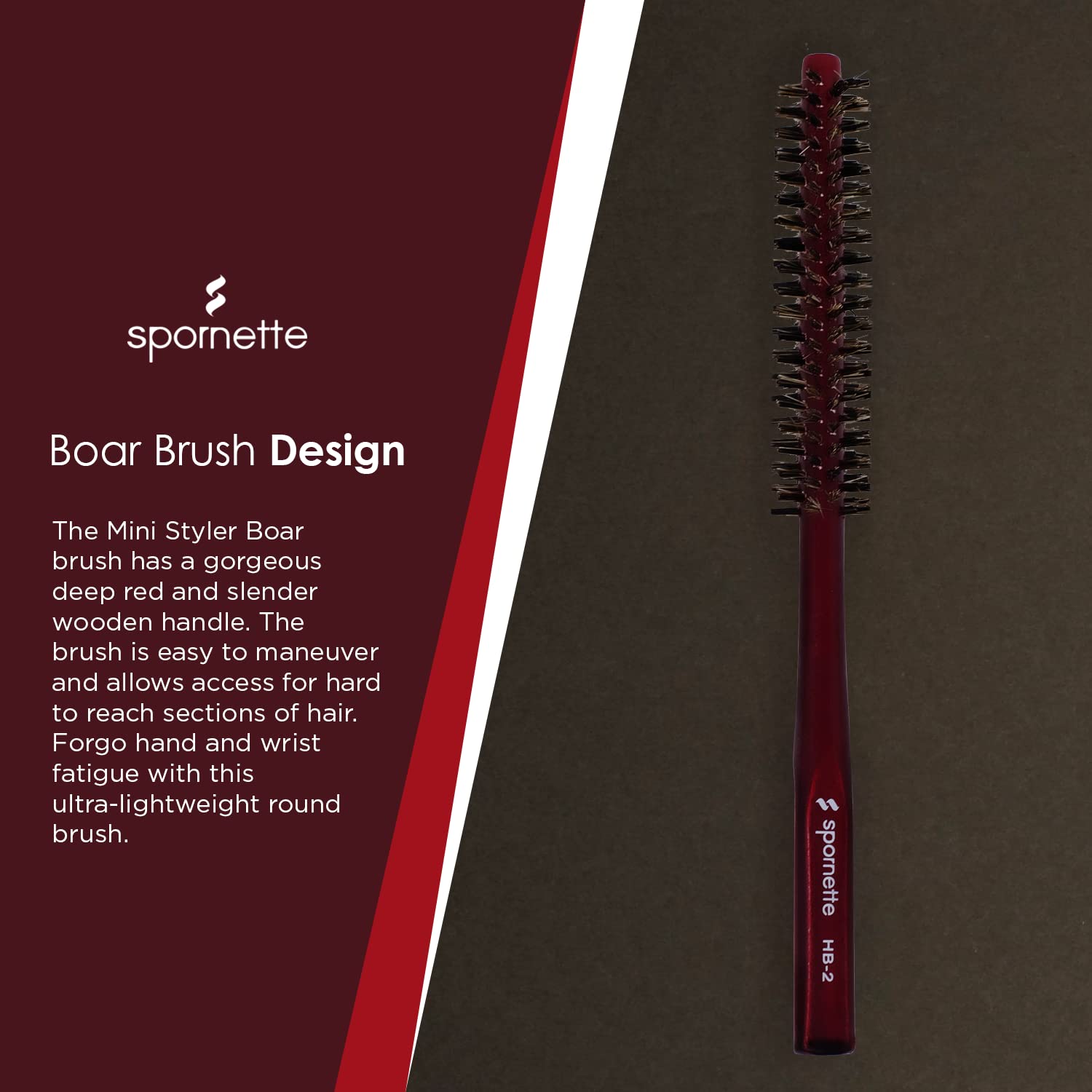 SPORNETTE Mini Styler Boar Bristle Round Brush HB-2, 0.75 Inch, Brown for Blowouts, Volume & Styling for All Hair Types
