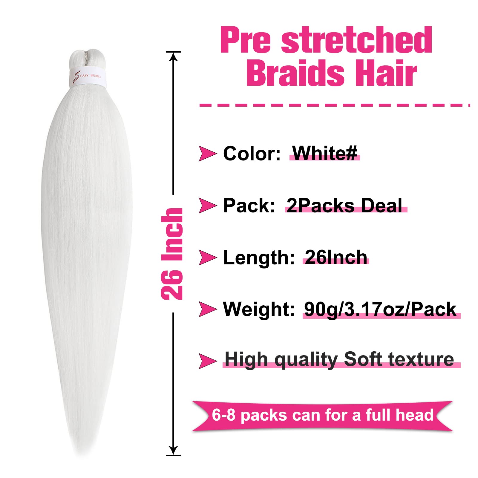 Unionbeauty 26 Inch Pre Stretched Braiding Hair 2 Packs Crochet Hair White Braiding Hair For Box Braids Hot Water Setting Easy B