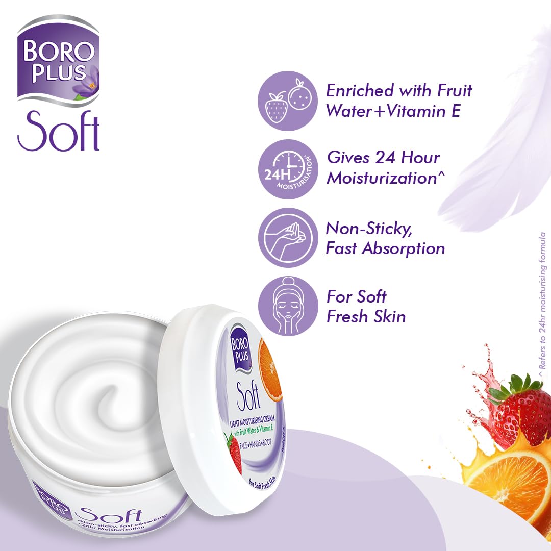 BOROPLUS Light Moisturizing Cream with Vitamin E | Lightweight Moisturizer for Face, Hands & Body | Soothes, Nourishes & Softens