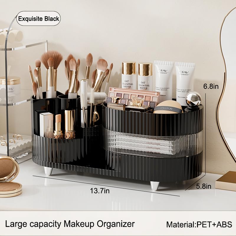 Rotating Makeup Organizer For Vanity With Brush Holder, Cosmetic Makeup Storage Organizer, Large Spinning Makeup Skincare Organi