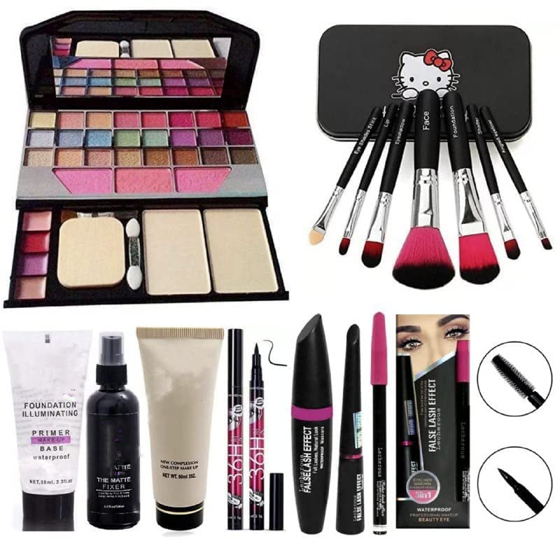 Jaayansha Tya 6155 Makeup Kit With 7 Black Makeup Brushes, Matte Fixer, Primer, Foundation, 36H Eyeliner, 3In1 Mascara,Eyeliner 