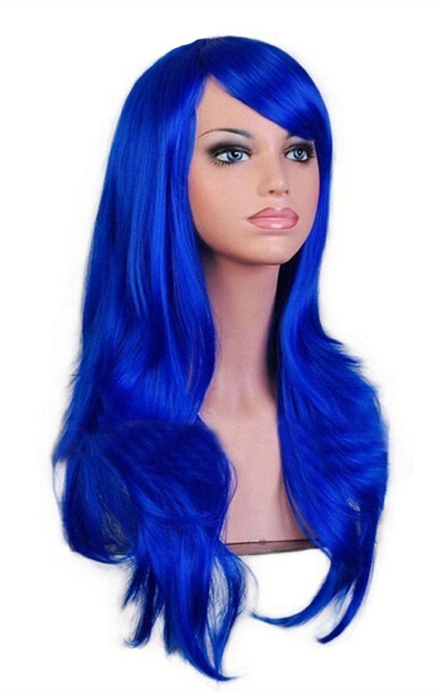 AneShe 28" Long Wavy Cosplay Wig for Women - Heat Resistant Blue Hair, Human & Synthetic Material