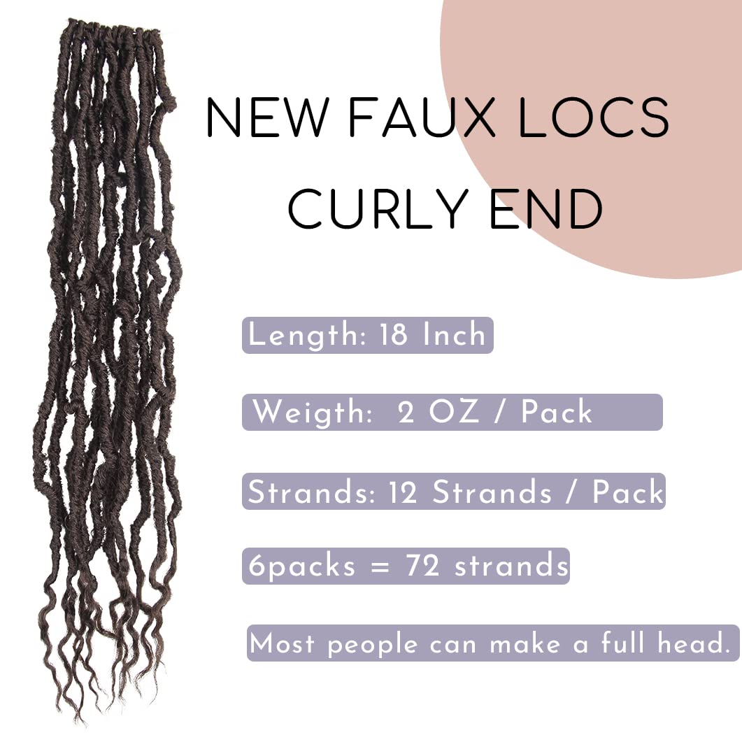 BOHOBABE 18 Inch New Faux Locs With Curly End 6 Packs Soft Locs Crochet Hair 72 Strands Natural Crochet Braids (6Packs,4#)