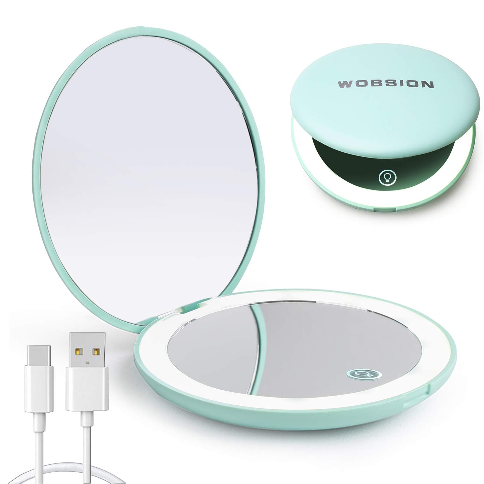 Wobsion Led Compact Mirror, Rechargeable 1X/10X Magnification Compact Mirror, Dimmable Small Travel Makeup Mirror,Pocket Mirror