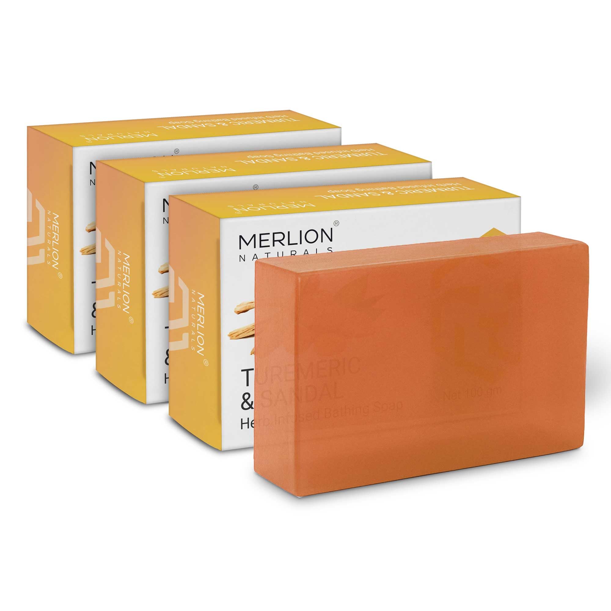 Merlion Naturals Turmeric And Sandal Glycerine Soap 100Gm X 3 Pcs, Herb Infused Hand Made Bathing Soap