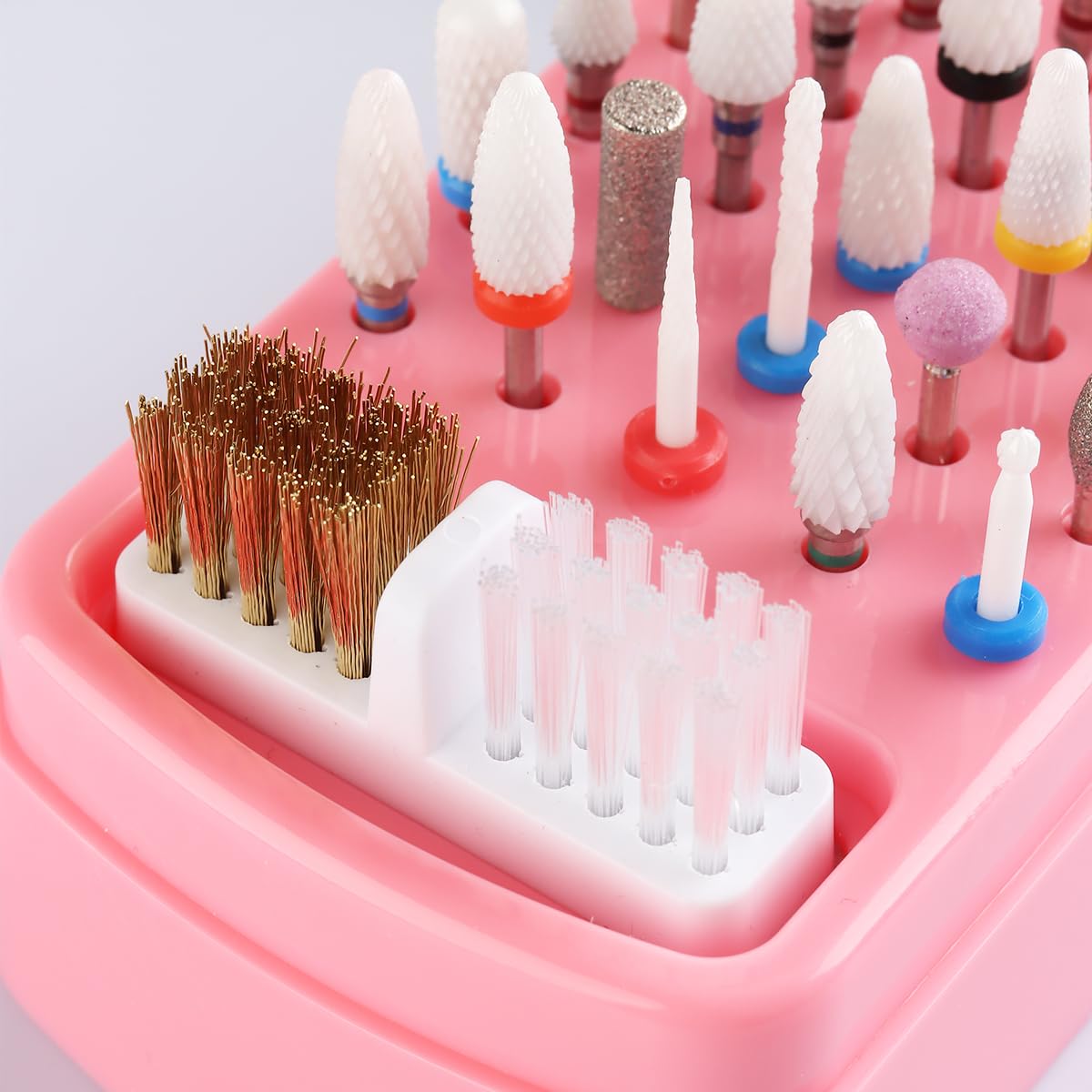 Fcozpjk 2 in 1 Pink Nail Drill Bit Holder and Nail Drill Bits Cleaner Brush Case, 30 Holes Dust-proof Nail Bit Holder Organizer