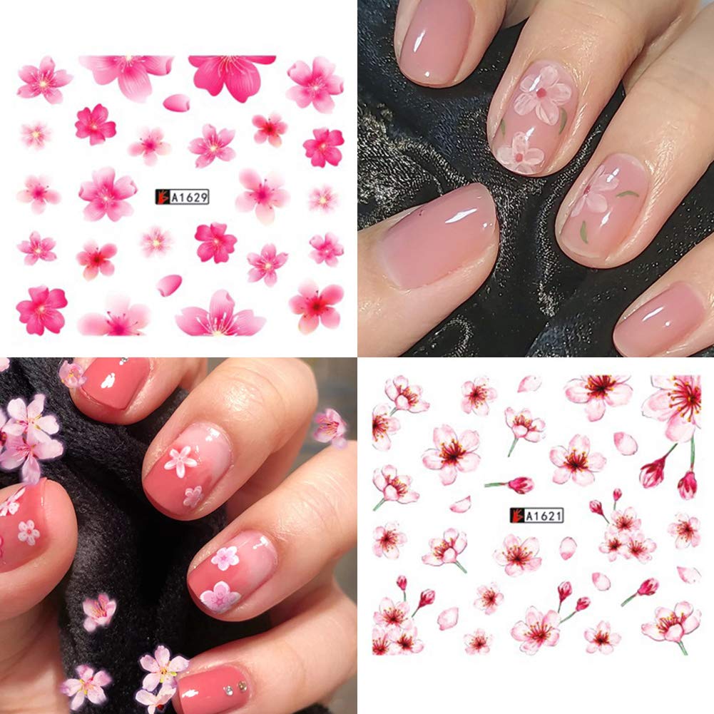 Flowers Nail Water Stickers Decals Pink Cherry Blossoms Tree With Leaves Nail Art Sliders Summer For Nail Art Decoration Waterma