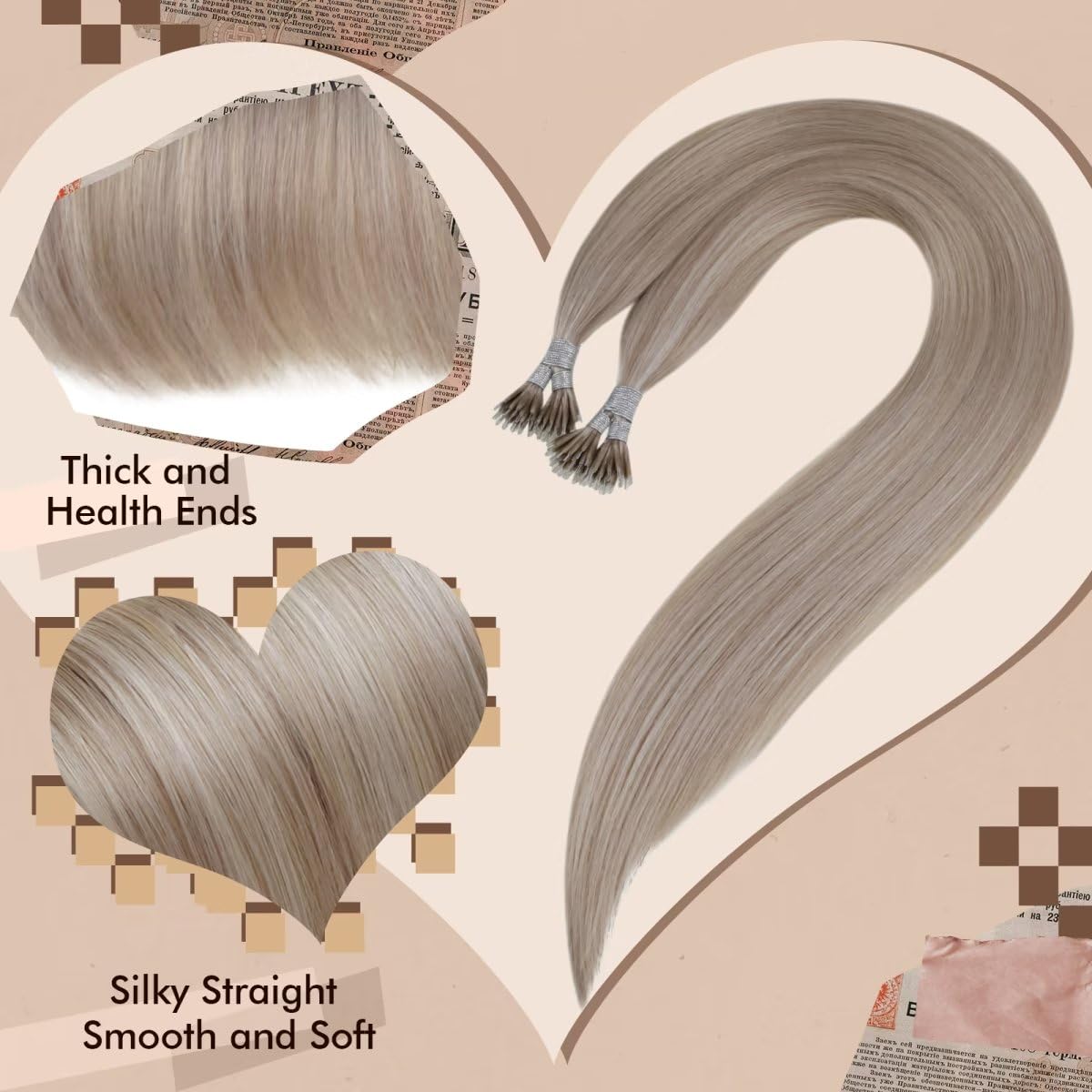Hetto Blonde Nano Link Hair Extensions Human Hair #18/613 Ash Blonde Highlighted Bleach Blonde Nano Ring Human Hair Extensions 1