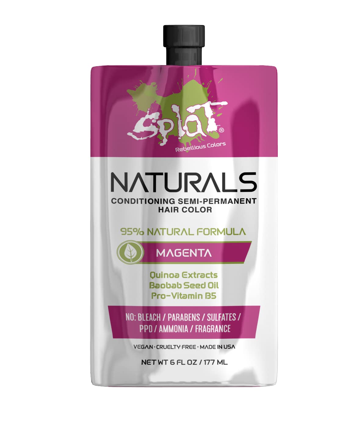 Splat Naturals SemiPermanent Hair Color, Magenta, 6 fl. oz., 95% Natural Hair Dye Formula Lasts Up to 30 Washes, Vegan & Cruelt