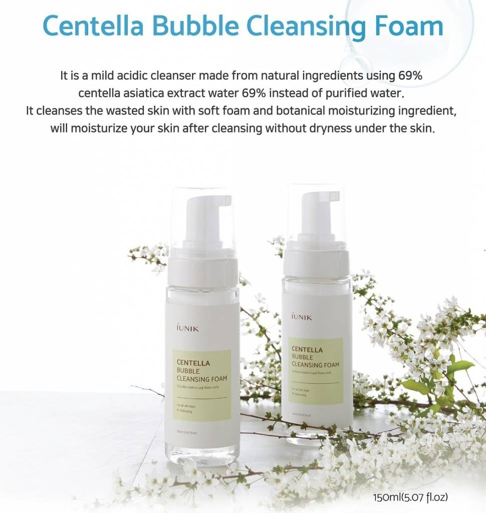 IUNIK Centella Bubble Foaming Vegan Facial Cleanser - 69% Centella Asiatica Extract, Soothing, Moisturizing, Exfoliating, Remove