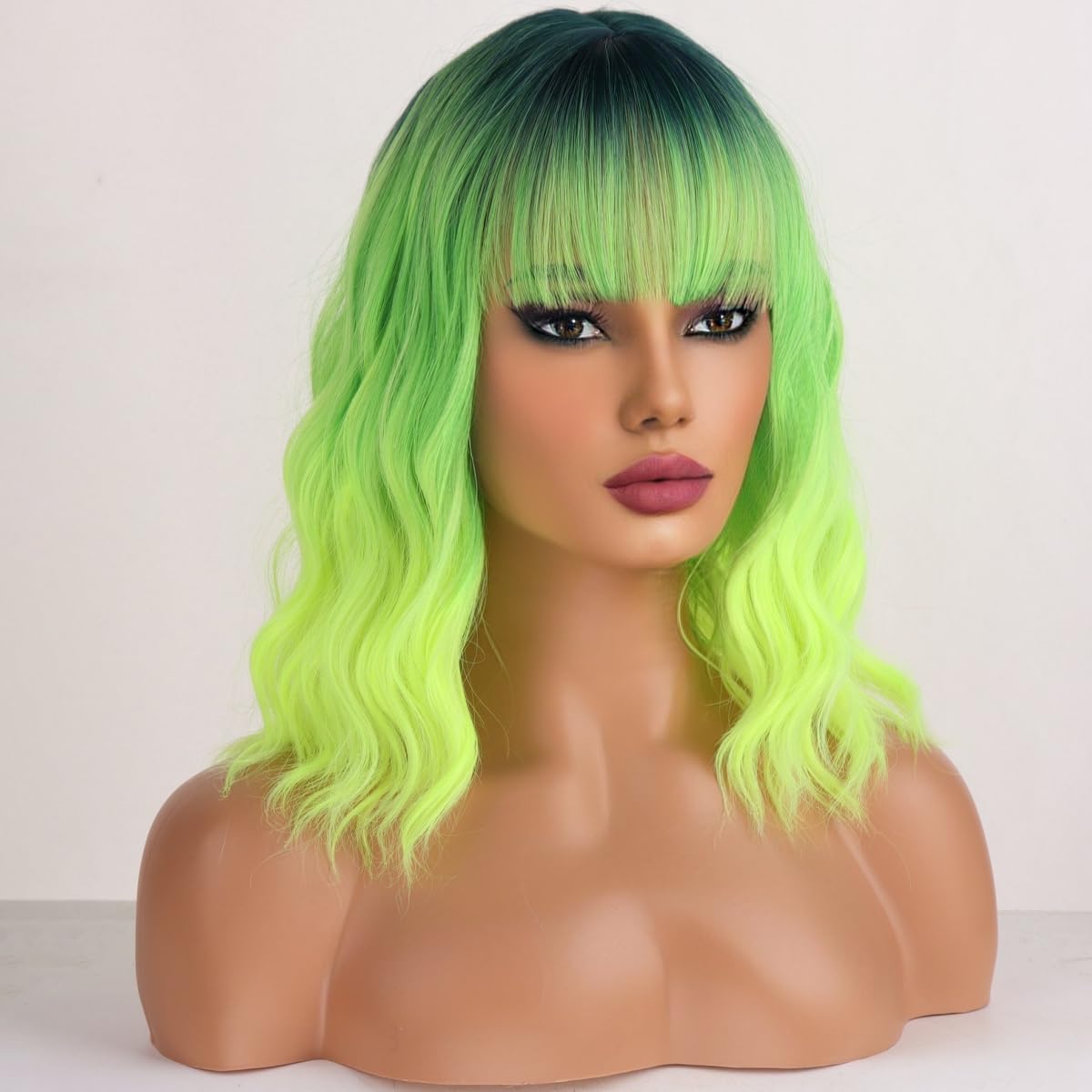 Wthcos Neon Green Wig Short Curly Wig With Bangs Green Ombre Wig For Women Short Wave Wig Lime Green Wig Synthetic Wigs For Cosp