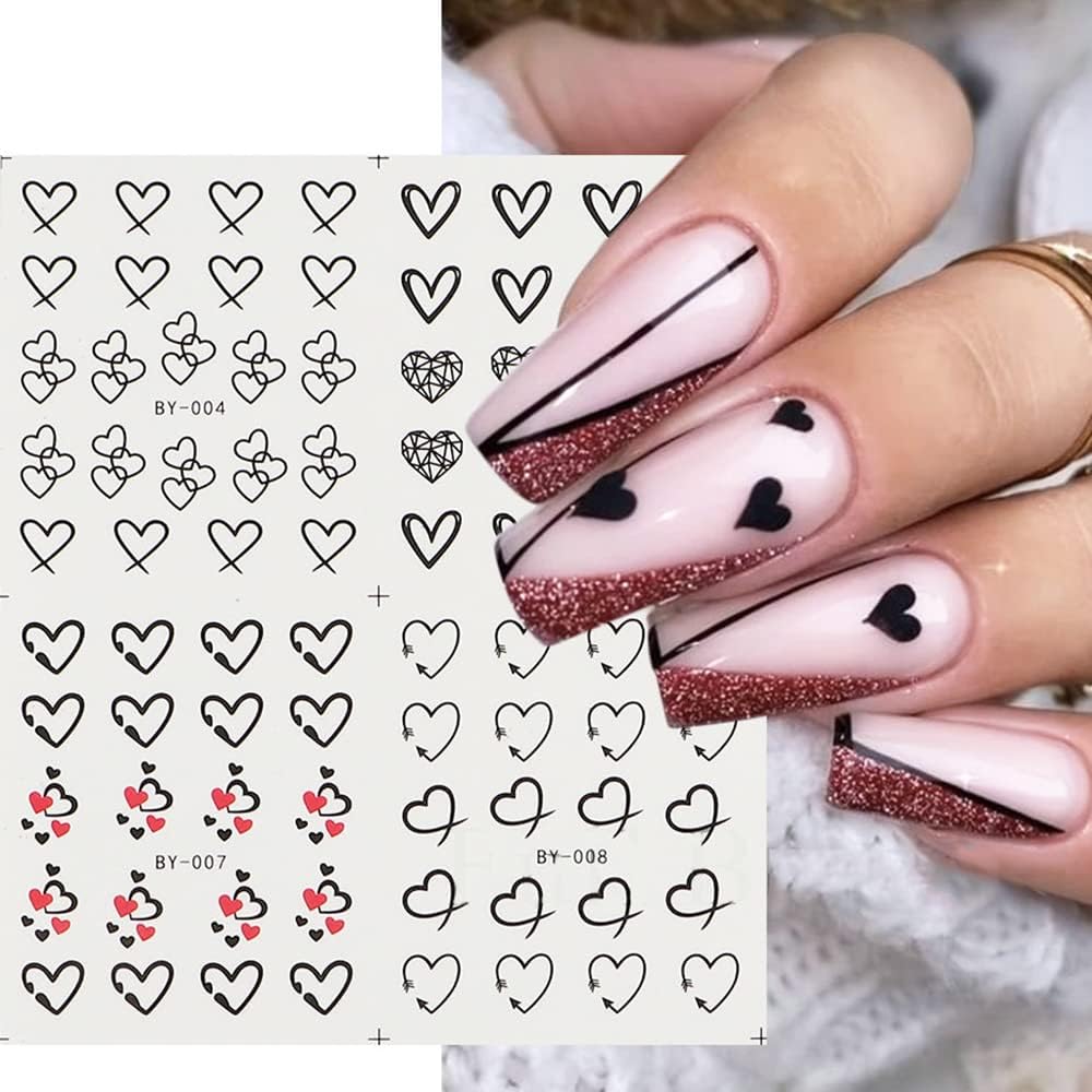 Valentine'S Day Nail Art Stickers Black White Heart Water Transfer Nail Decals Flowers Cupid Hollow Heart Romantic Design Nail A