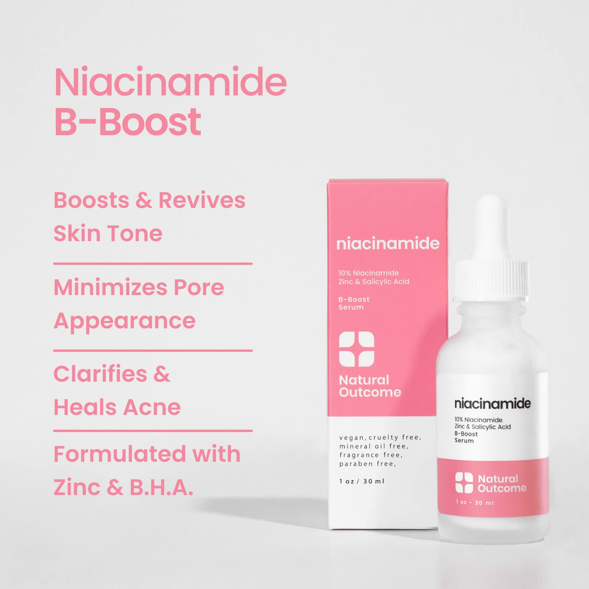 Niacinamide Serum for Face by Natural Outcome Skin Care, B-Boost Niacinamide 10% Plus Zinc 2% Salicylic Acid + Hyaluronic Acid,