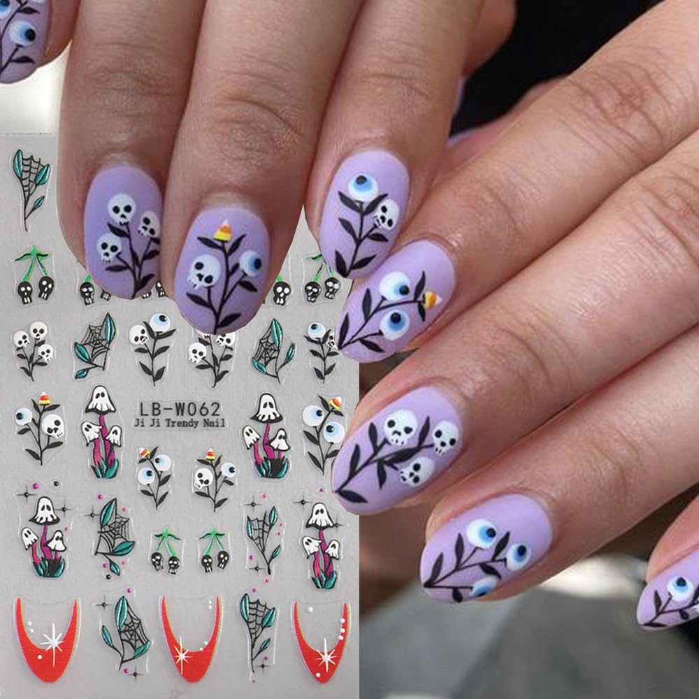 Halloween Nail Art Stickers Decals 5Pcs Halloween Cute Ghost Flower Nail Stickers Skull Strawberry Spider Flower Nail Designs 5D