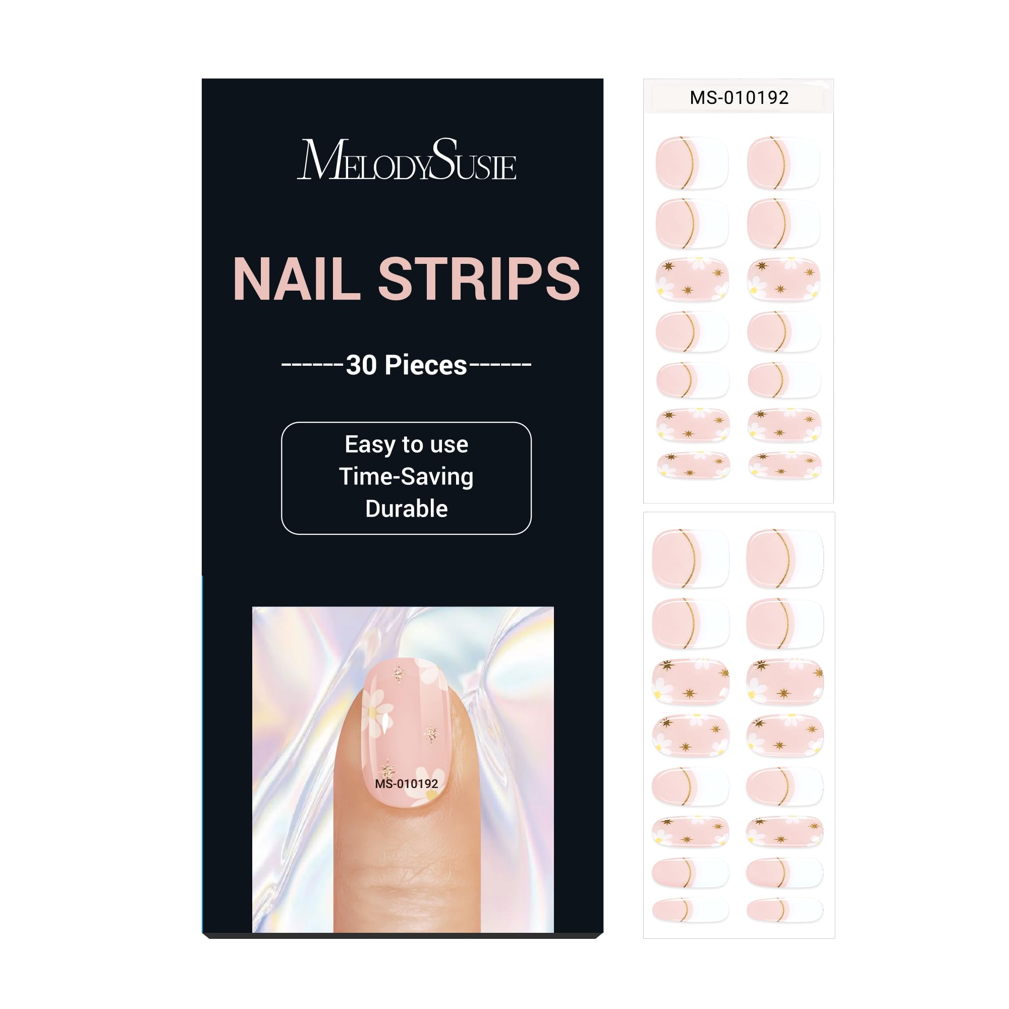 MelodySusie 30PCS Semi Cured Gel Nail Strips (French Tips Flowers)- Works with Nail lamp, Salon-Quality, Long Lasting, Easy to A