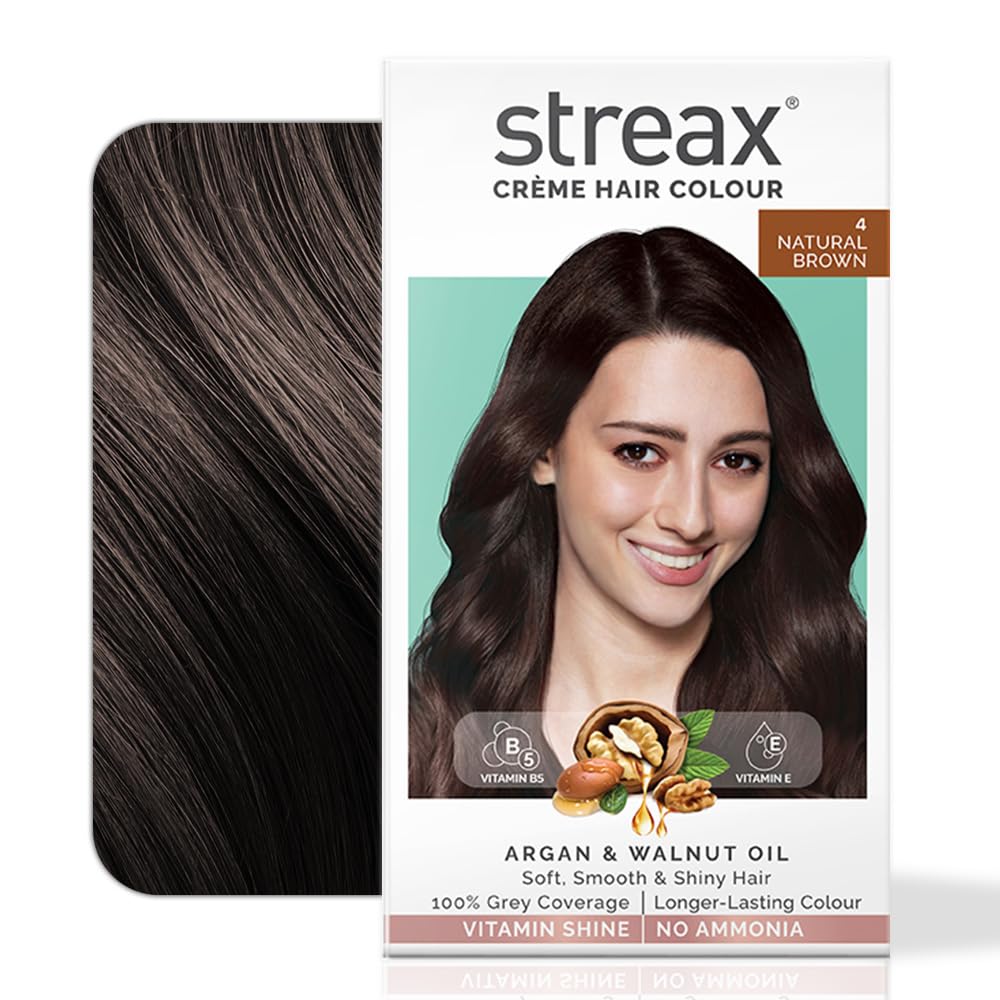 Streax Cr?Me Permanent Hair Colour - 4 Natural Brown Hair Color- 140 Ml, 100% Grey Coverage, Ammonia Free Hair Color, Long Lasti