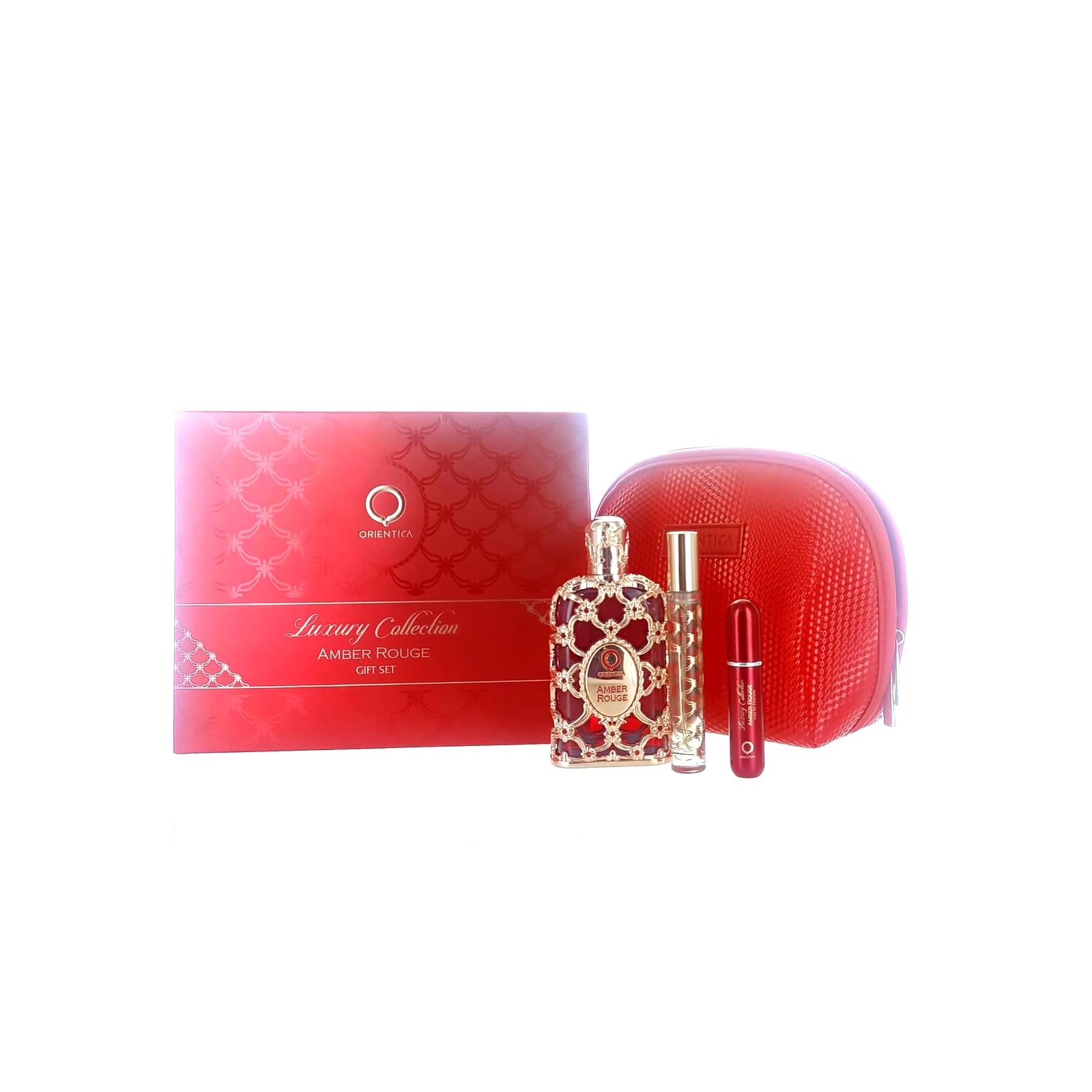 Orientica AL HARAMAIN Amber Rouge 4-Piece Set for Unisex, (2.7 Oz Eau De Parfum Spray + 0.34 Oz Eau De Parfum Travel Spray + Ato