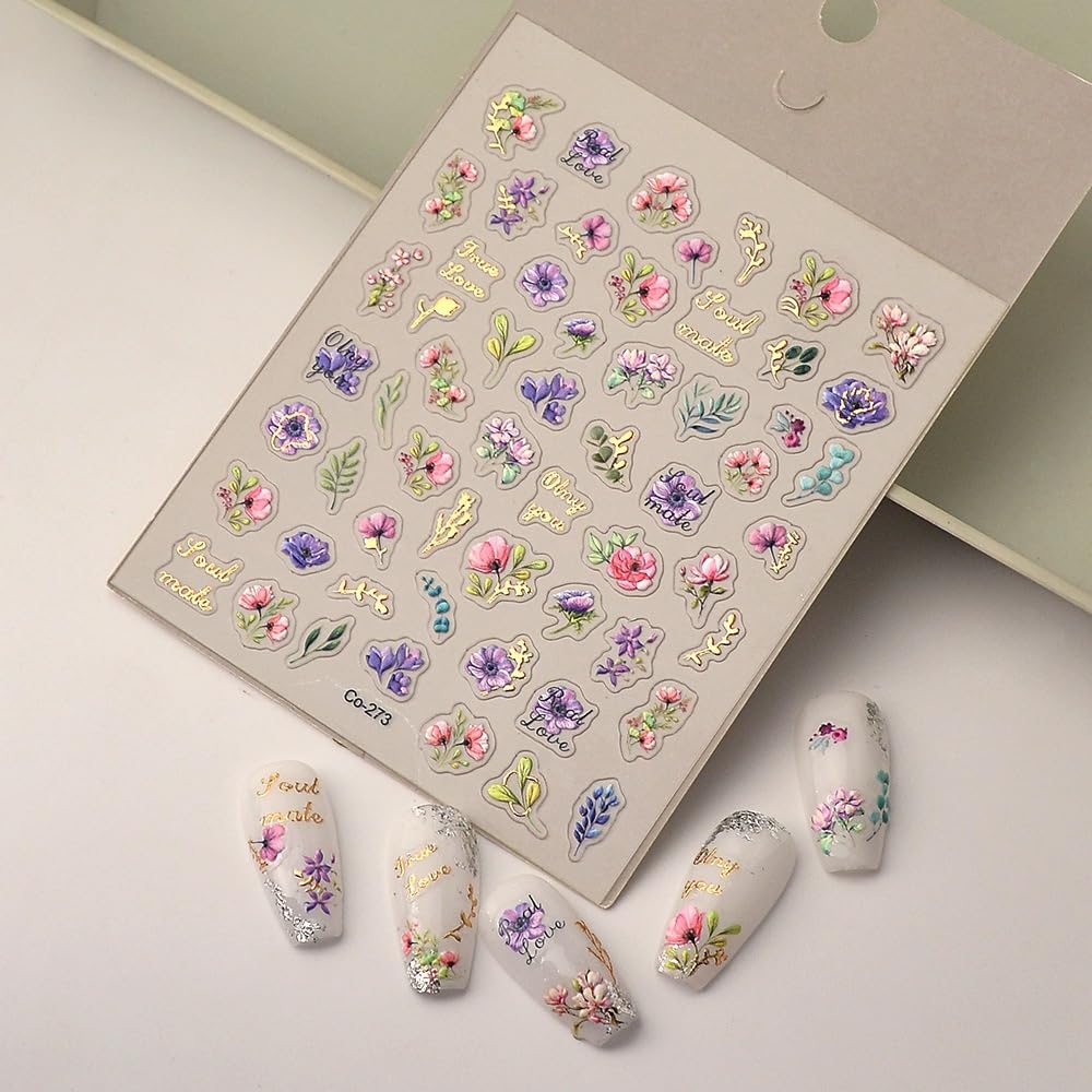 5D Embossed Flower Nail Art Stickers Floral Nail Stickers Flower Nail Decals Self-Adhesive With Leaf Designs Spring Summer Nail