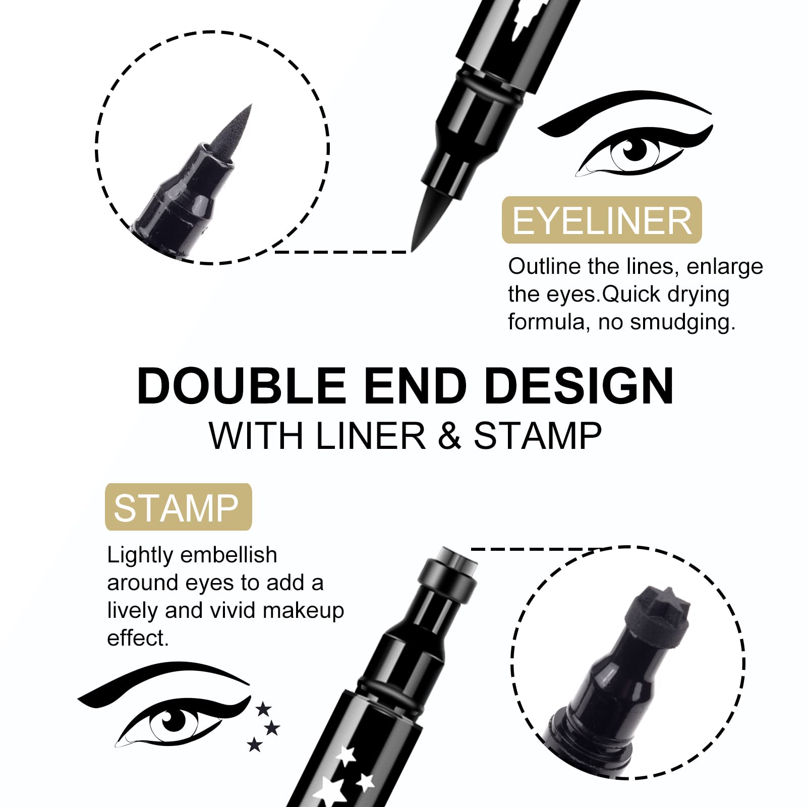 Ownest 3 Pcs Double-Sided Liquid Eyeliner Pen,With Eye Makeup Stamp Super Slim Gel Felt Tip High Black Pigment,Waterproof Smudge