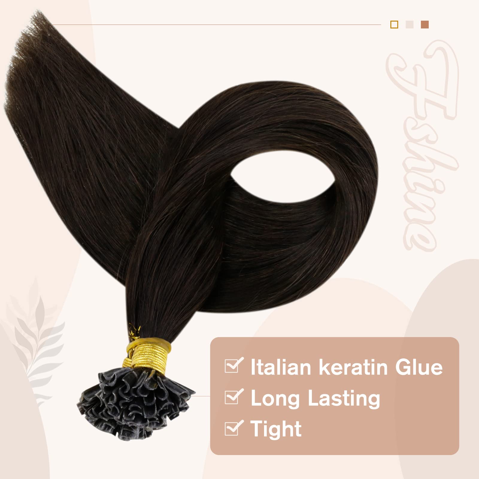 Fshine U Tip Hair Extensions Human Hair Darkest Brown 16 Inch Nail Tip Hot Fusion Hair Extensions Real Human Hair K Tip Hair Ext