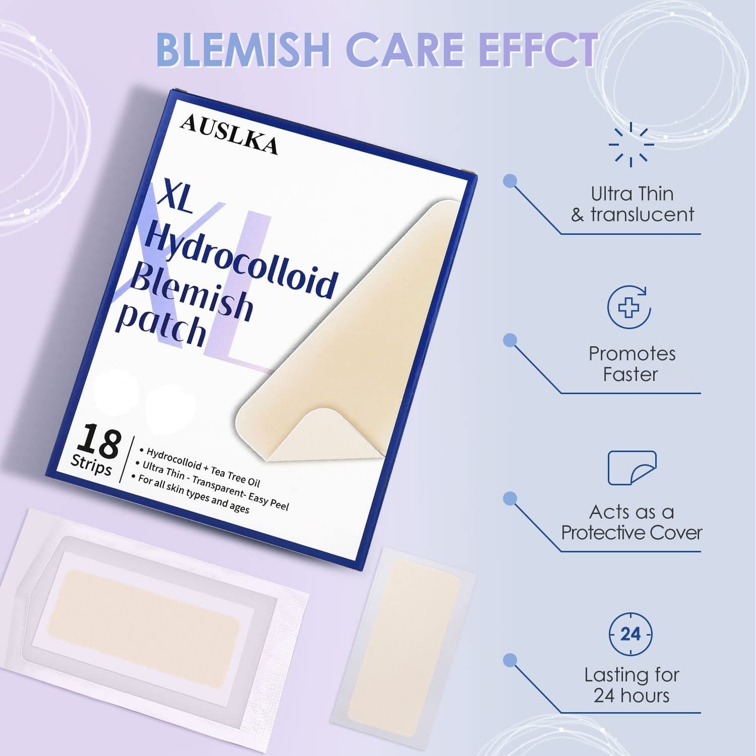 AUSLKA Large Blemish Patches XL -18 Strips - Hydrocolloid Patch for Covering Zits - Spot Stickers -Vegan and Cruelty for Face an