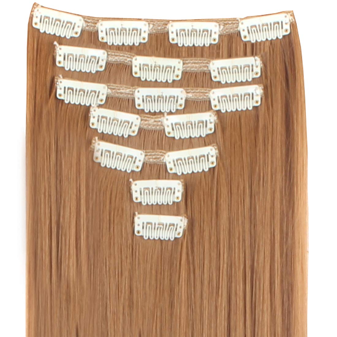 LELINTA 7Pcs 16 Clips 23 Inch Wavy Curly Full Head Clip in on Double Weft Hair Extensions Light Brown Straight