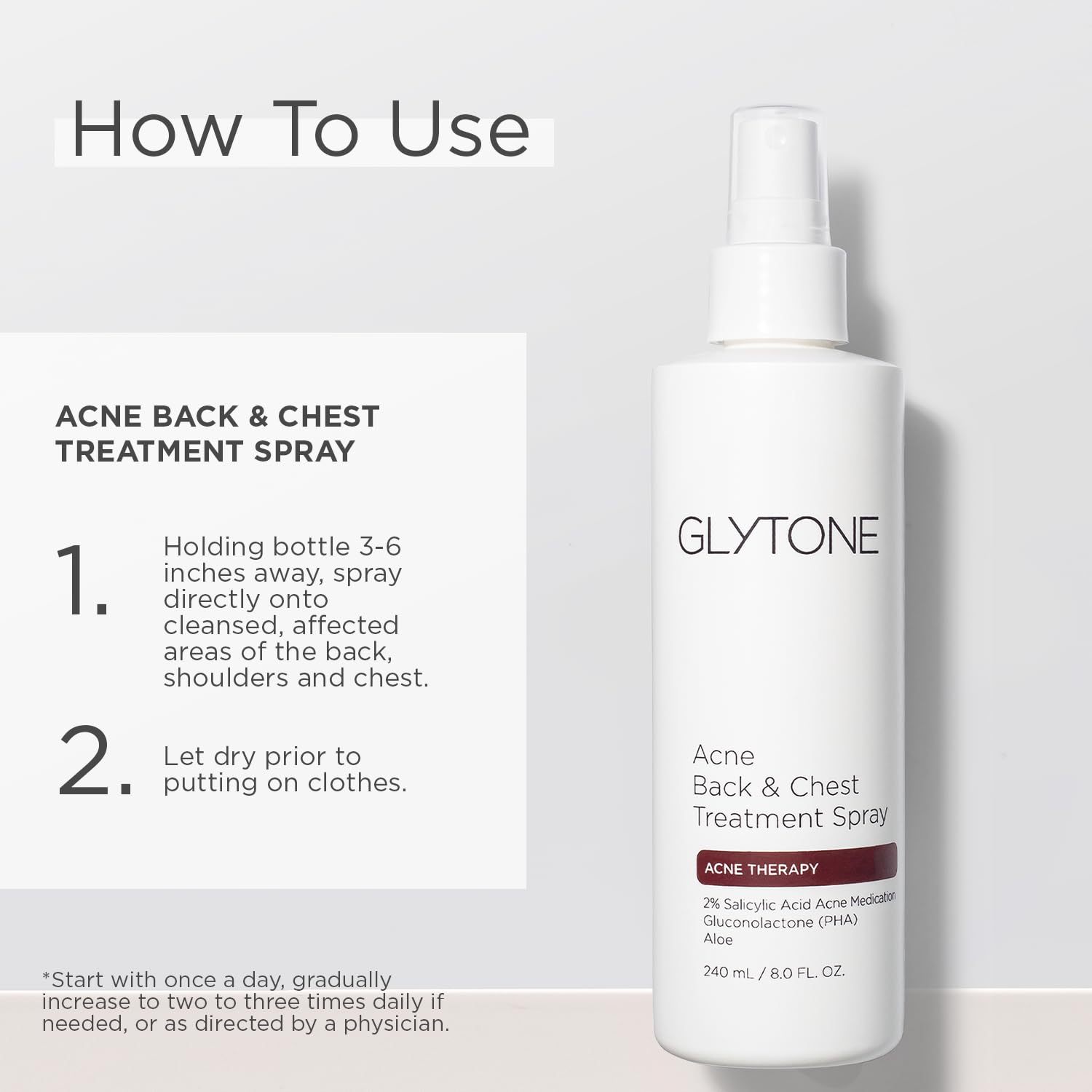Glytone Acne Treatment Spray For Back & Chest - 2% Salicylic Acid - For Body Acne - Quick Dry, Upside Down Pump - Fragrance-Free