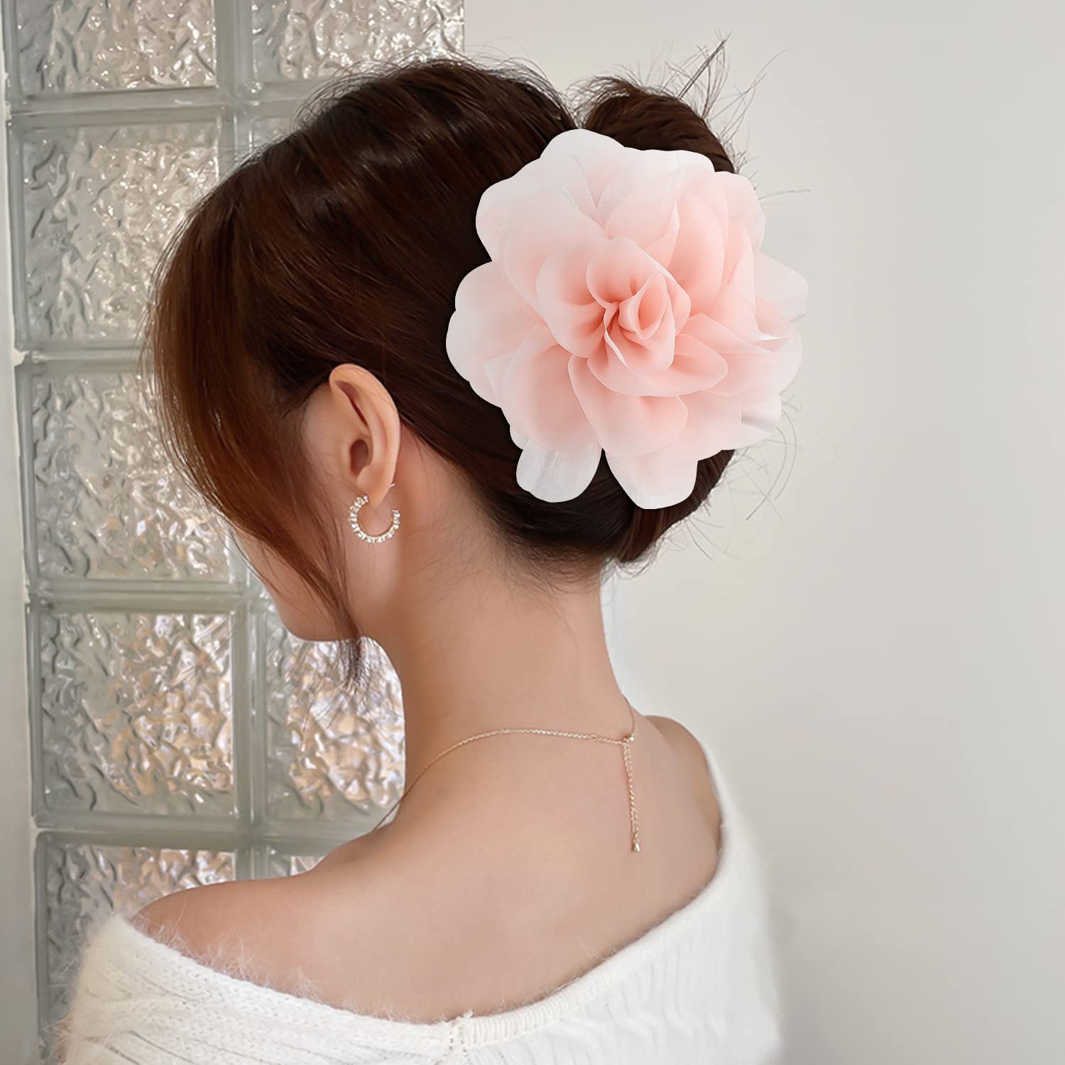 Cinaci 4 Pack Chiffon Big Rose Flower Bow Plastic Hair Claw Clips Barrettes Clamps Ponytail Holder Buns Chignon Holder Accessori