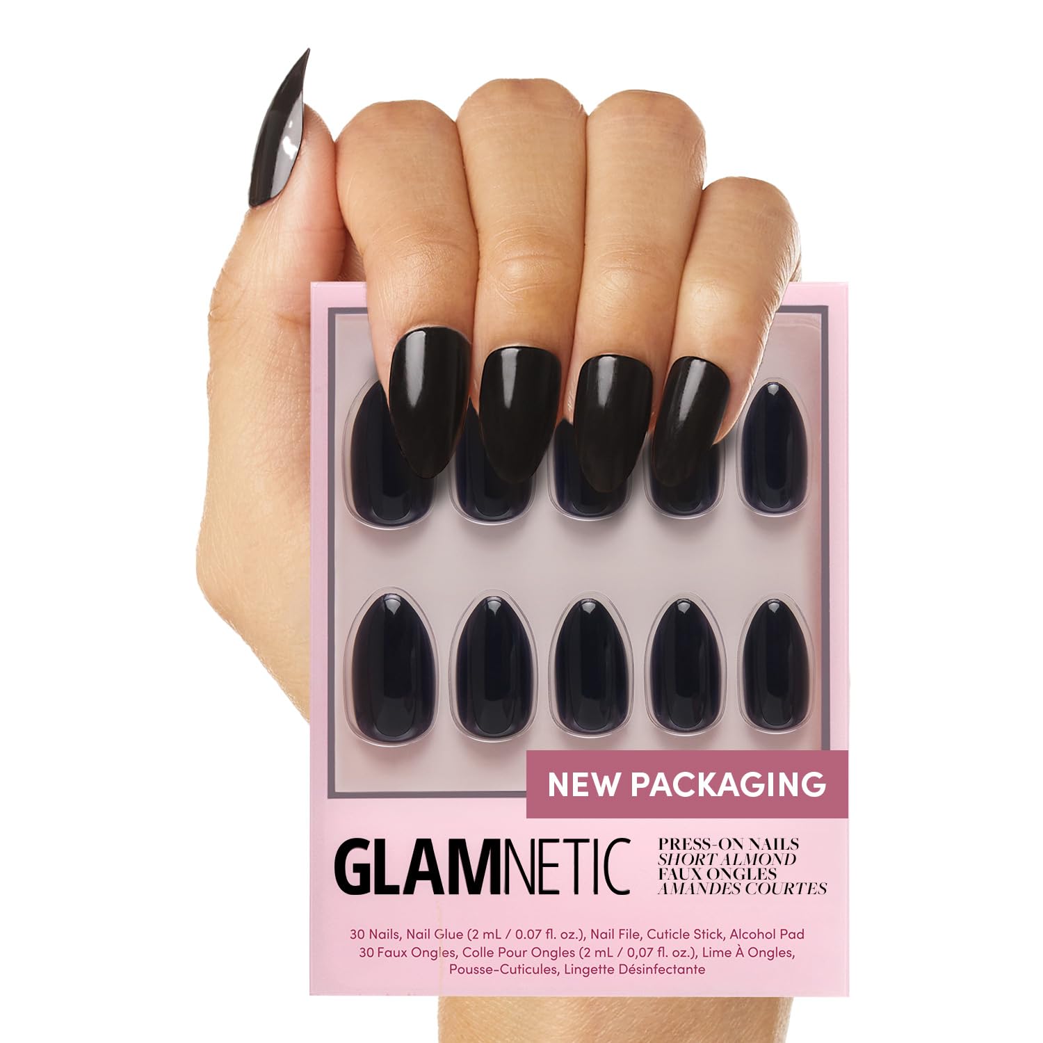 Glamnetic Press On Nails - Boba | Opaque Black Short Almond Nails, Reusable | 12 Sizes - 24 Nail Kit