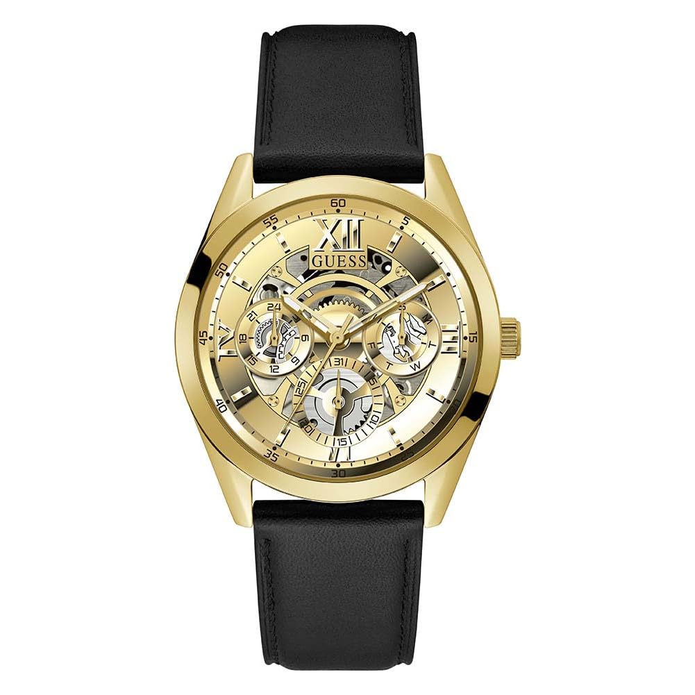 Guess Leather Analog Gold Dial Men WatchWgusgw0389G2, Black Band