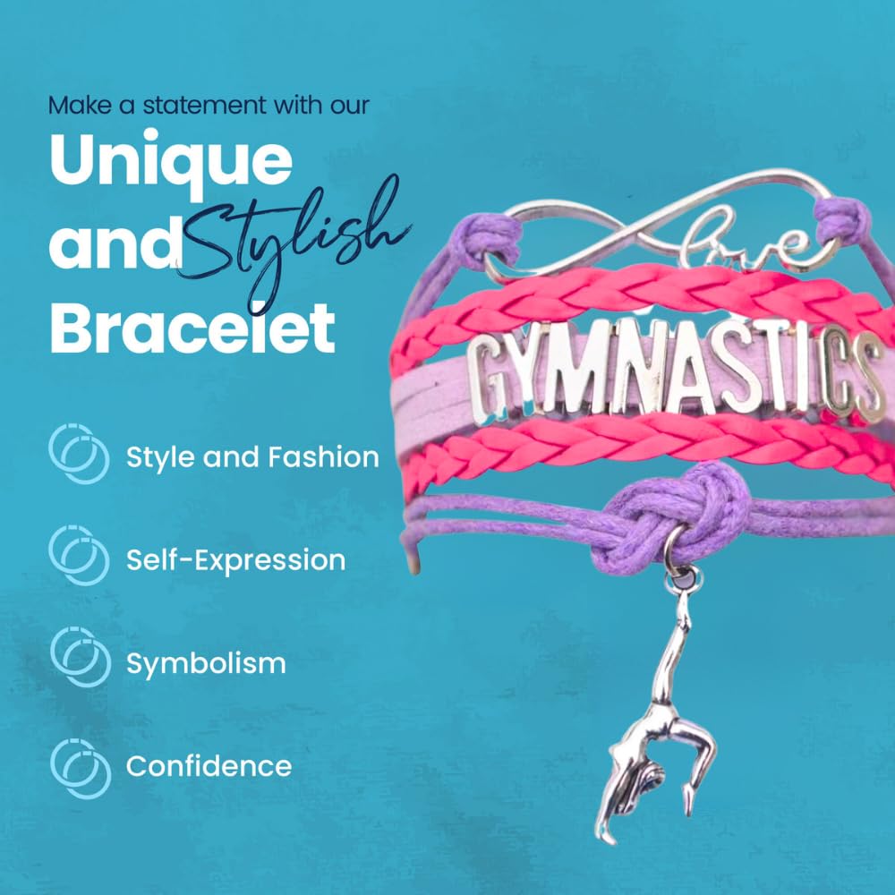 SportyBella Gymnastics Bracelets - Adjustable Charm Bracelet with Infinity Symbol & Silver Gymnastic Charm. Gymnastics Friendshi