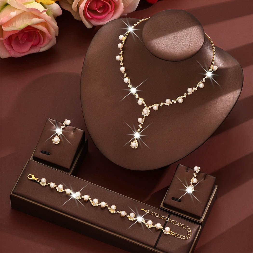 Unicra Gold Pearl Bridal Wedding Jewelry Set Rhinestone Necklace Earrings Bracelet Sets Formal Costume Jewelry for Women and Bri