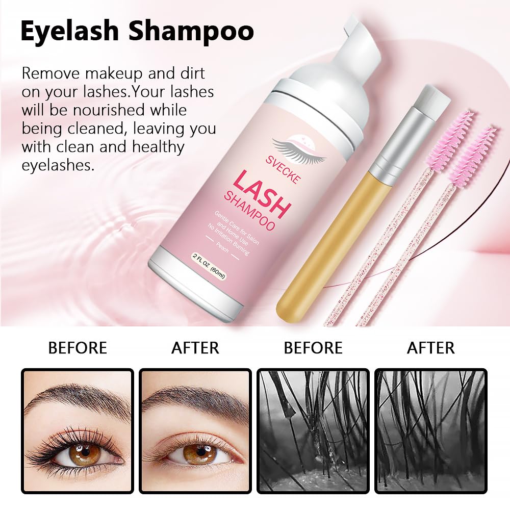 Svecke Lash Shampoo Kit For Eyelash Extension, Eyelash Shampoo 2 Fl.Oz / 60Ml, Eyelash Extension Cleanser, Lash Eyelid Foam Clea