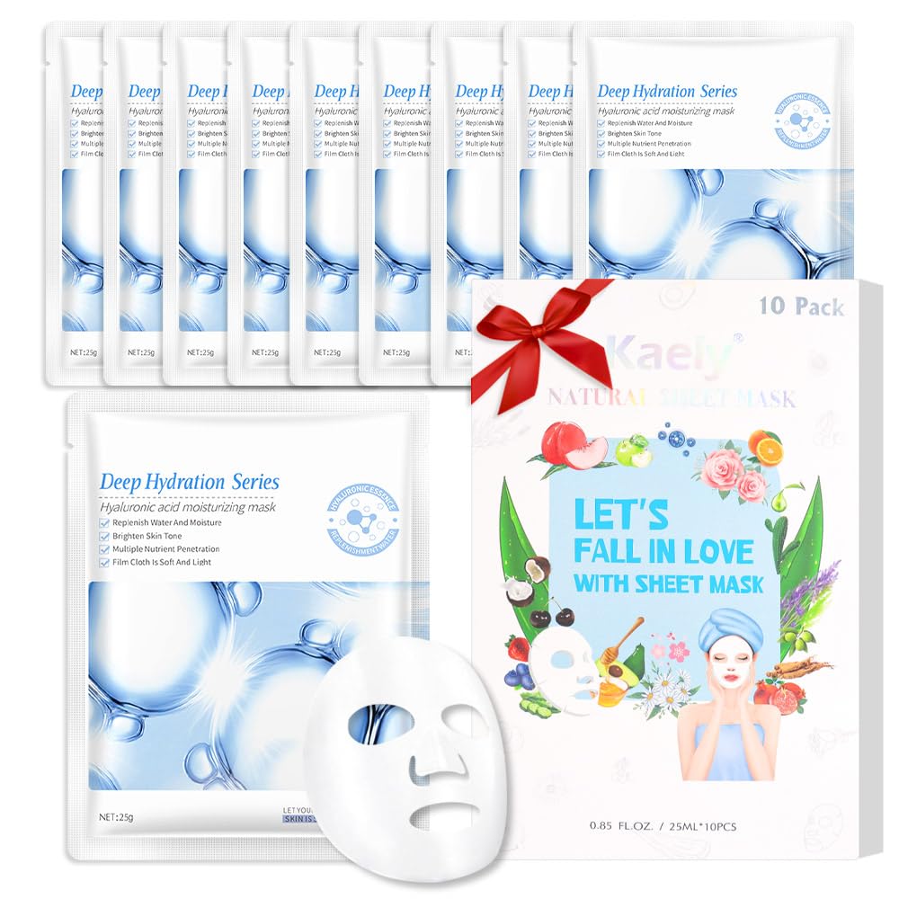 Kaely 10 Pack Hyaluronic Acid Masks,Hydrating Smoothing Face Masks For Women Men,Facial Mask Skin Care Korean,Moisturize,Brighte