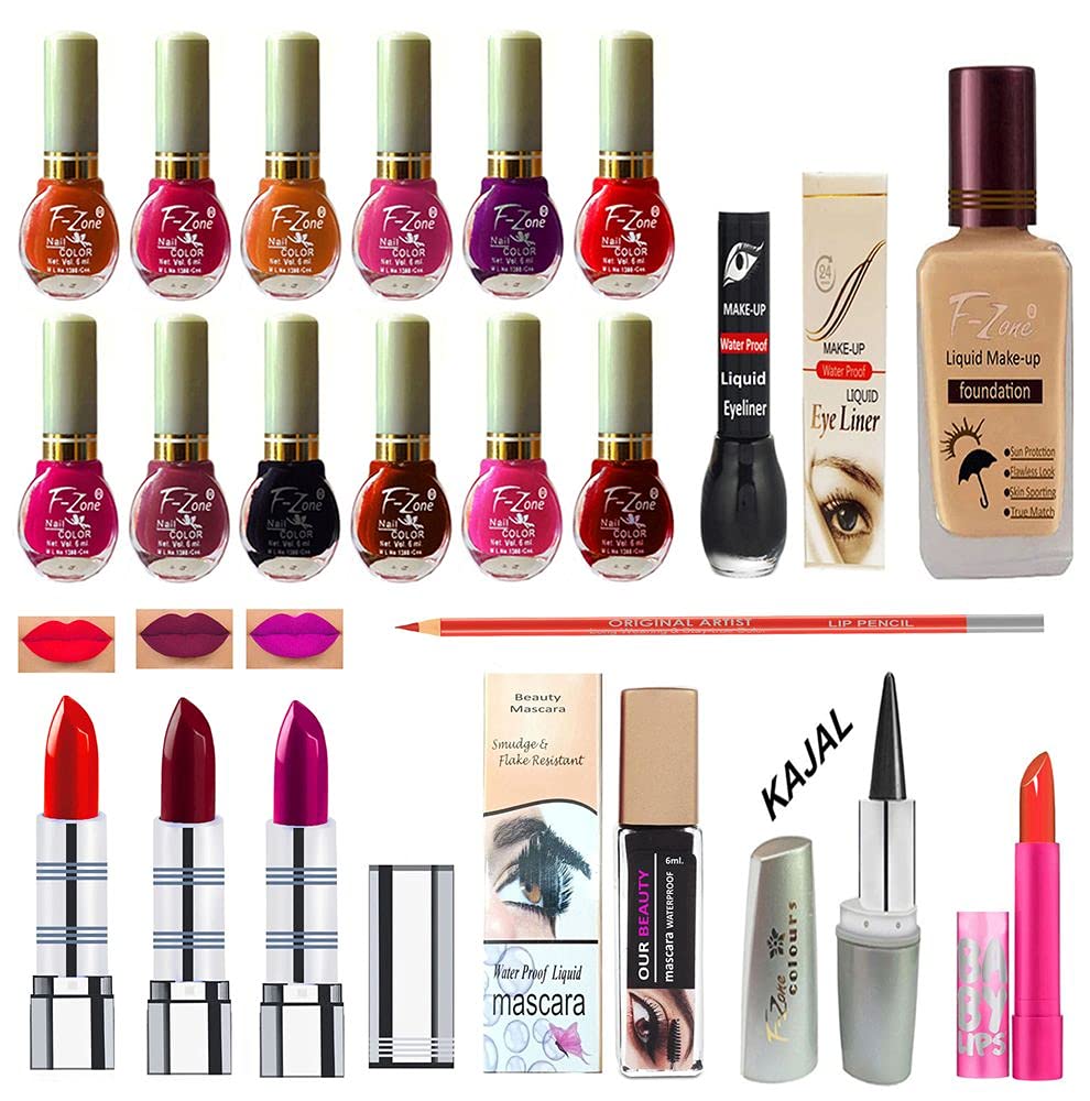 F Zone Makeup Kit With 12 Nail Polish Eye Liner Foundation 3 Lipstick Mascara Lip Balm And Kajal Vc103