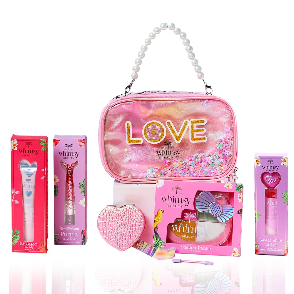 Whimsy Beauty Glam-On Beauty Kit | Safe Beauty Set For Girls & Teens | Lip Balm, Lip Jelly, Eyeliner & Eye Shadow Palette | Pack