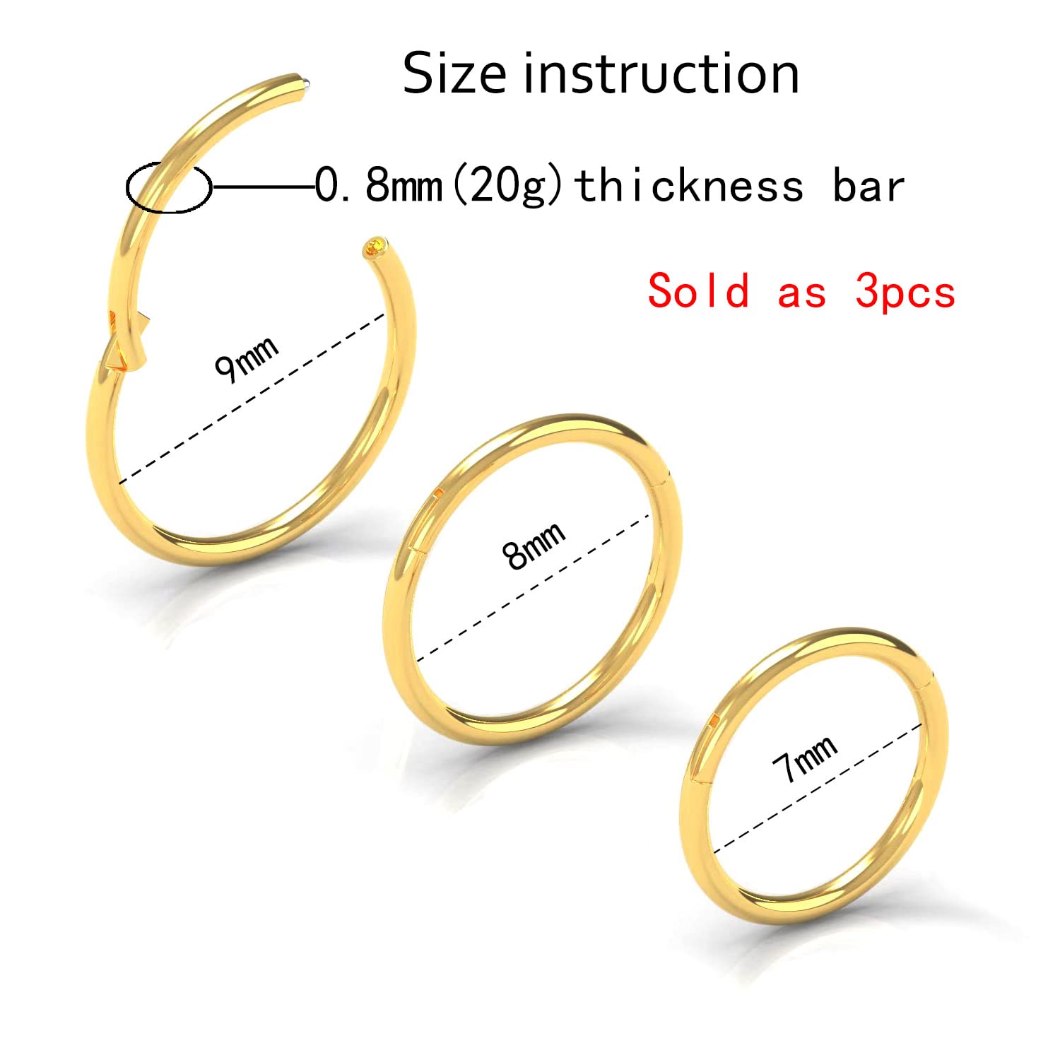 NewkeepsR 3PCS-0.8mm Gold Anodised Hinged Clicker Nose Hoop Rings, 20 Gauge 316L Steel Seamless Segment Sleeper Earrings Piercin
