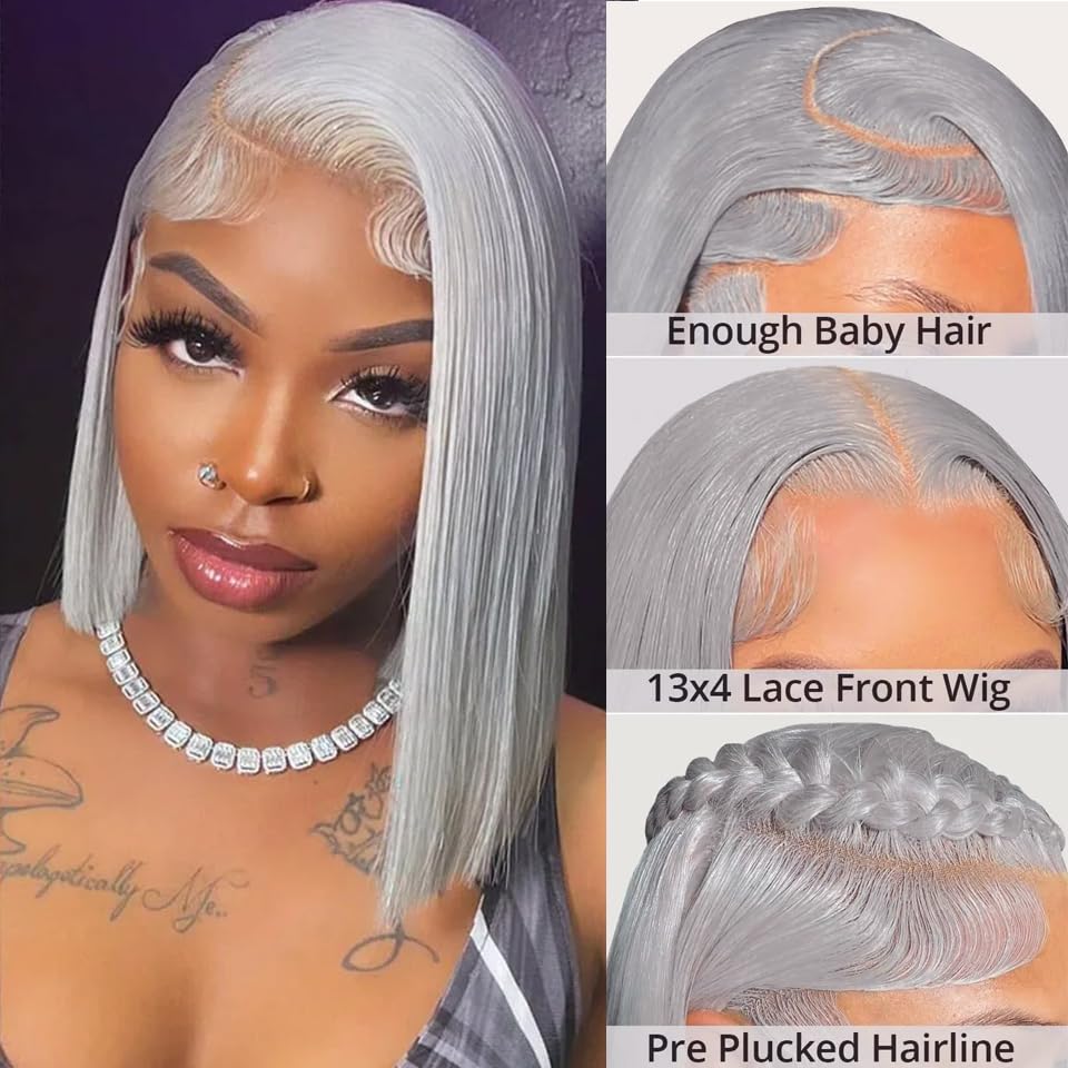 13X4 Grey Hd Lace Front Wig Human Hair 16 Inch Silky Straight Grey Bob Wigh Human Hair Transparent Lace Frontal Wigs For Women P
