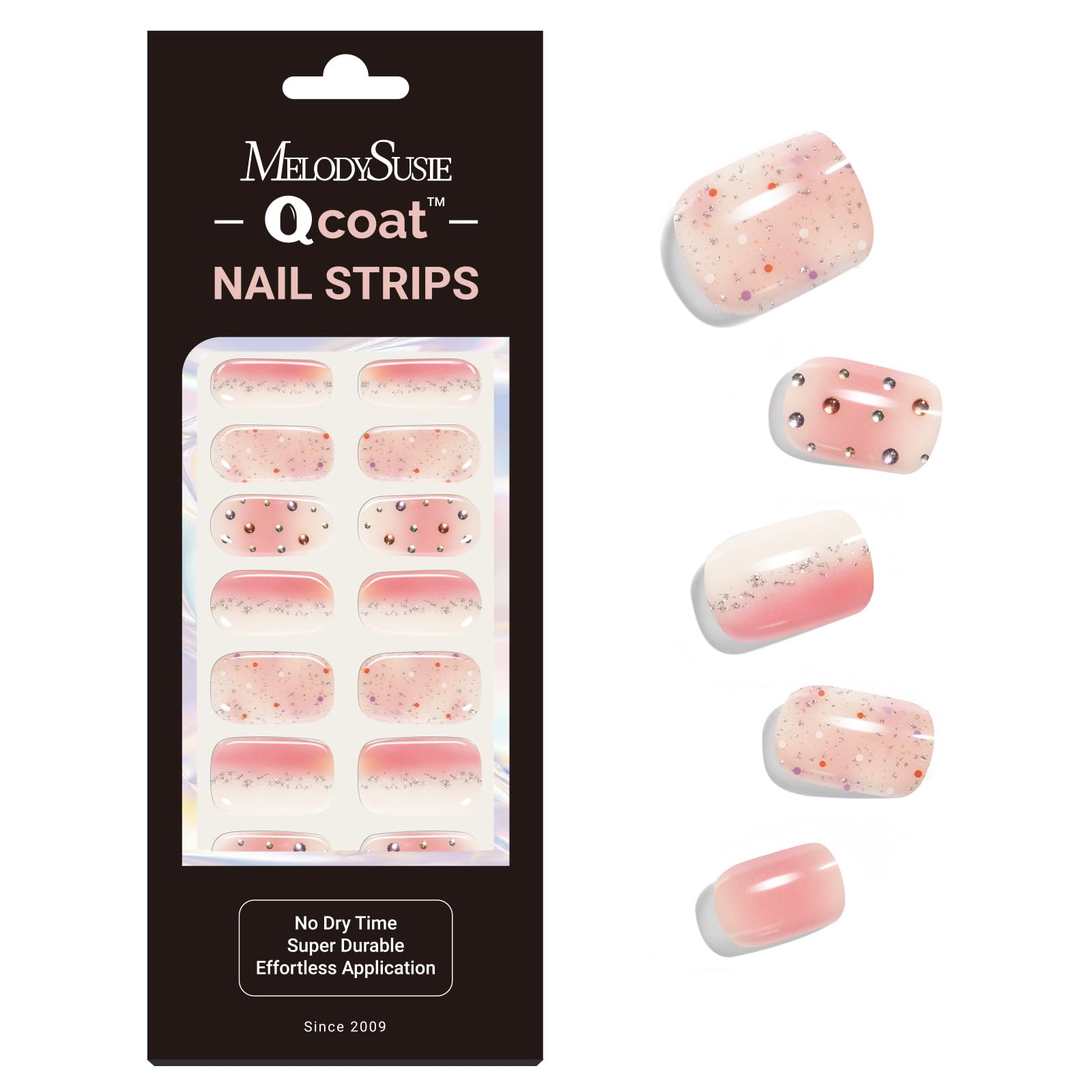MelodySusie Qcoat Fully Cured Gel Nail Strips (Pink White Glitter) - UV Free Nail Polish Strips, Salon-Quality, Long Lasting Gel