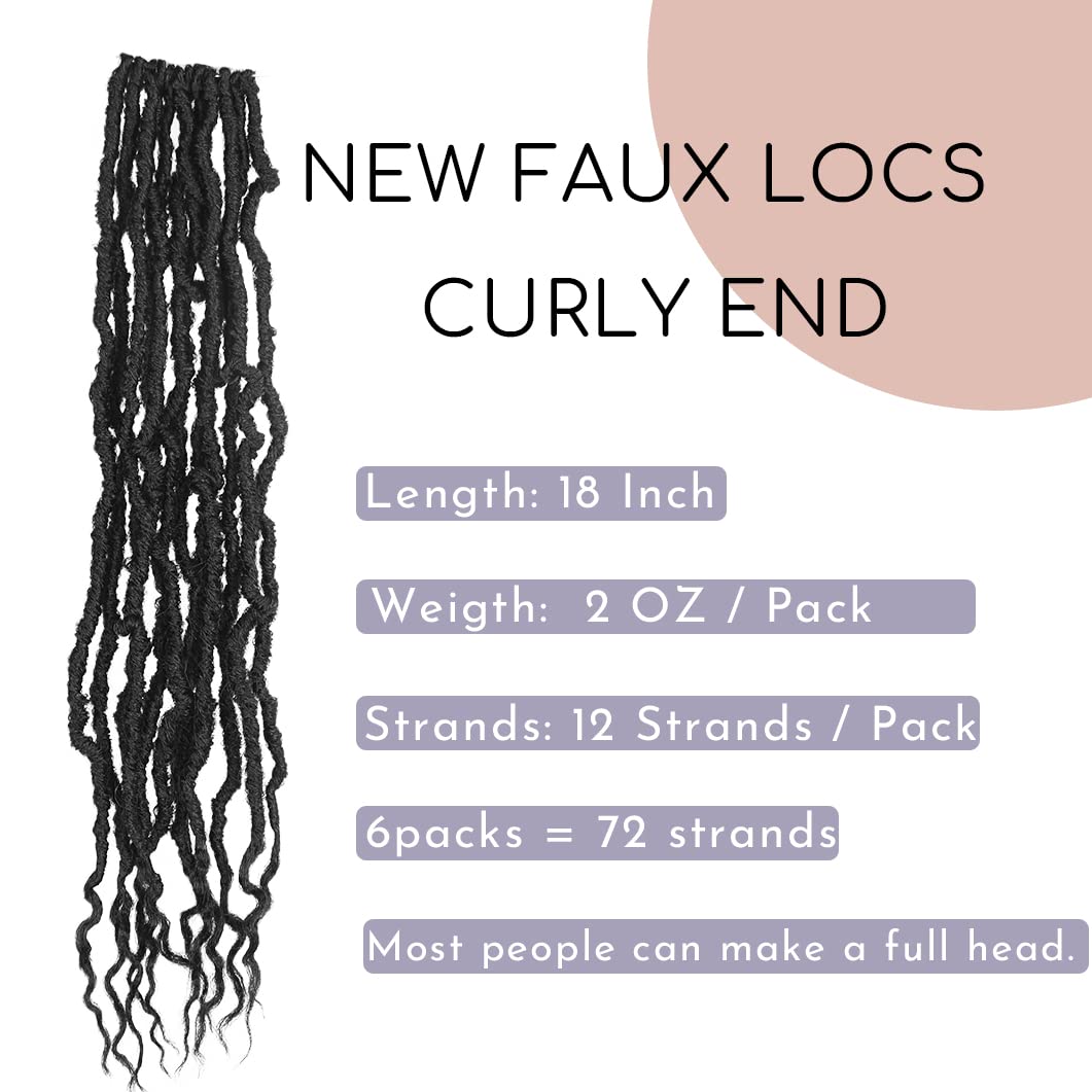 BOHOBABE 18 Inch New Faux Locs With Curly End 6 Packs Soft Locs Crochet Hair 72 Strands Natural Black Crochet Braids (6Packs,1#)