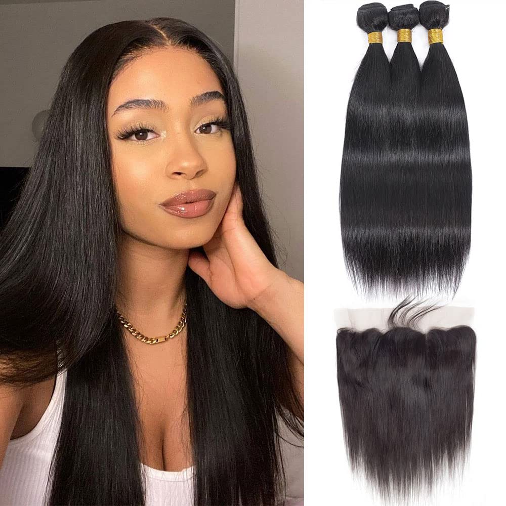 Brazilian Virgin Straight Human Hair 3 Bundles With Frontal 13X4 Ear To Ear Lace Frontal 100% Unprocessed Brazilian Remy Virgin
