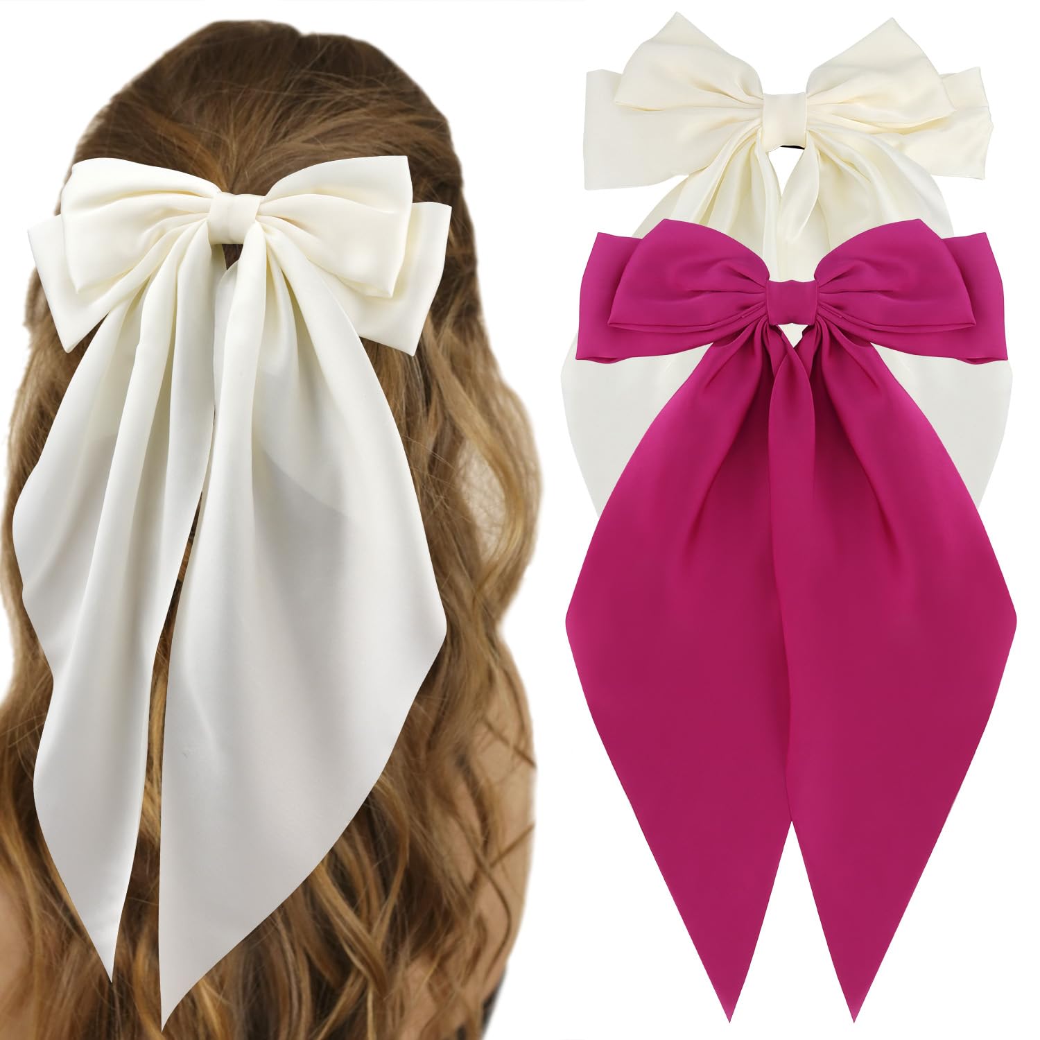 ATODEN Silky Satin Hair Bows 2Pcs Beige Hot Pink Big Hair Bows for Women Oversized Long Tail Bow Hair Clips Large Hair Ribbons B
