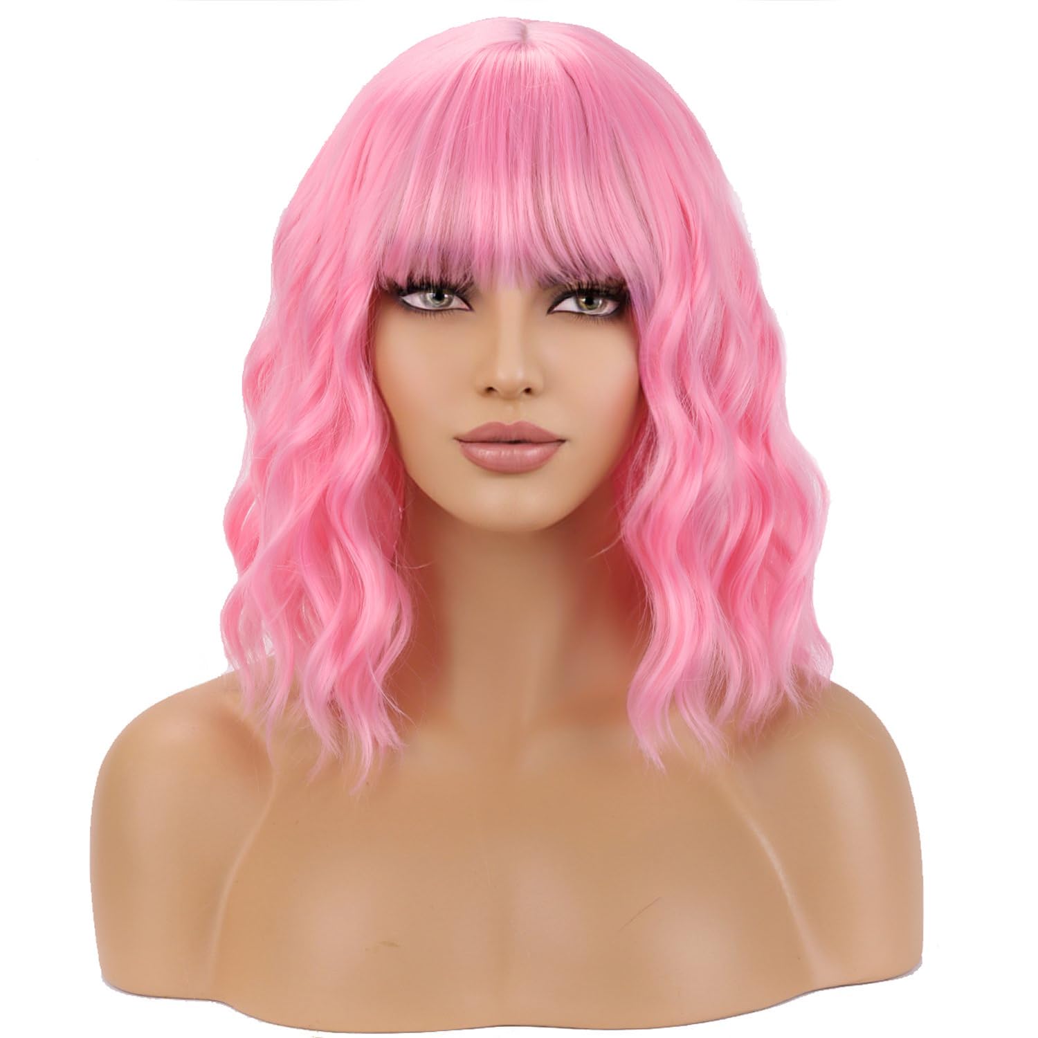 WTHCOS Pink Wig Short Curly Wig with Bangs Light Pink Wig for Women Short Wave Wig Synthetic Wigs for Cosplay Costume Party with