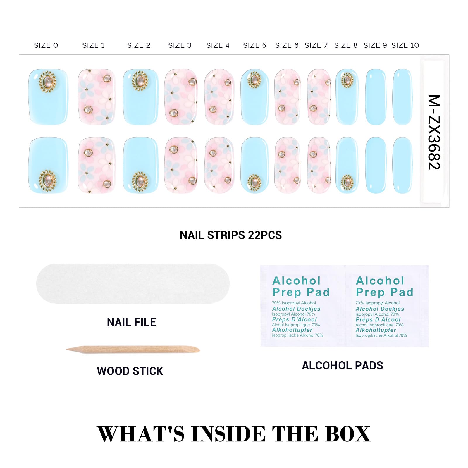 MelodySusie Qcoat Fully Cured Gel Nail Strips, Light Blue Crystal Flowers, UV Free Nail Polish Strips, Salon Quality, Long Lasti