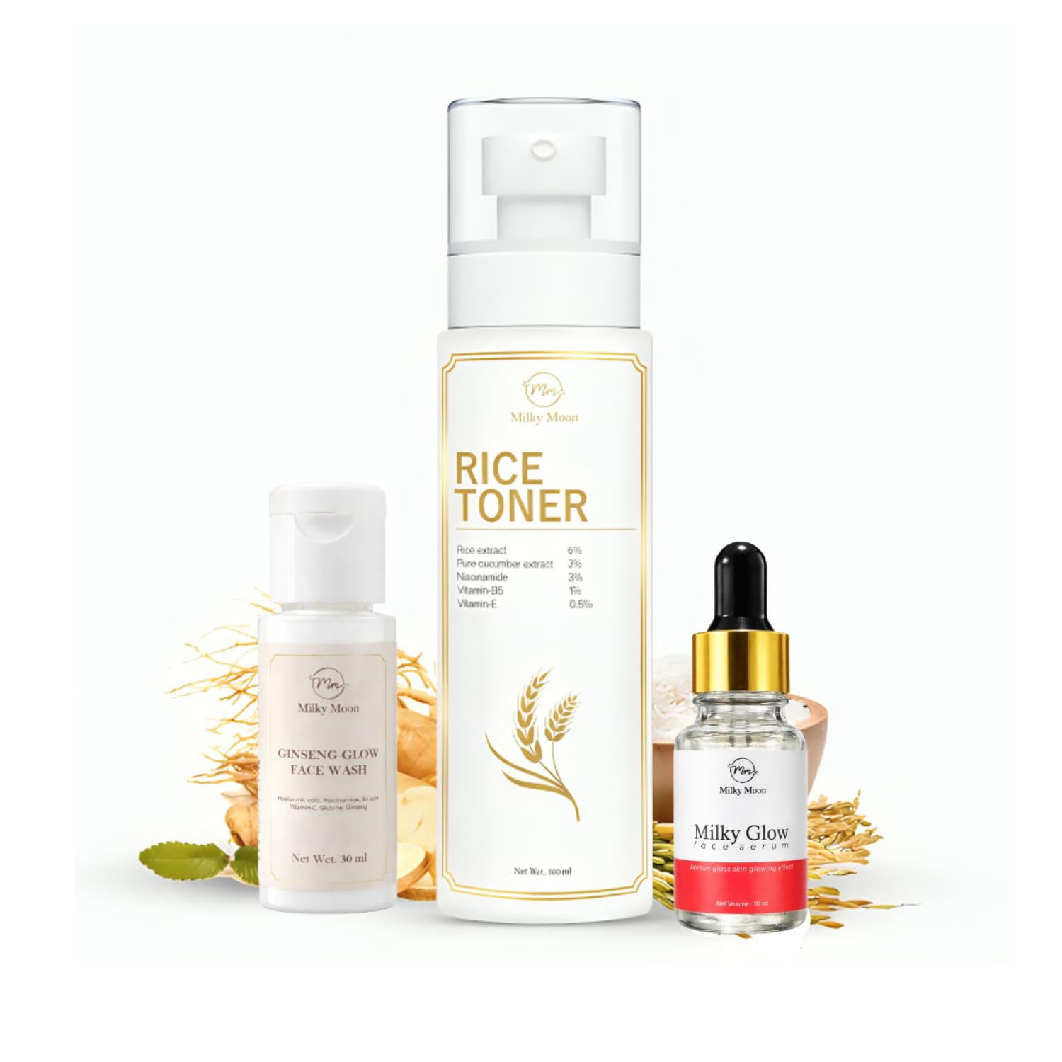 Korean Glass Skin Glowing Combo Rice Toner 100Ml + Ginseng Glow Face Wash 30Ml + Milky Glow Face Serum 10Ml Complete Skincare Ri